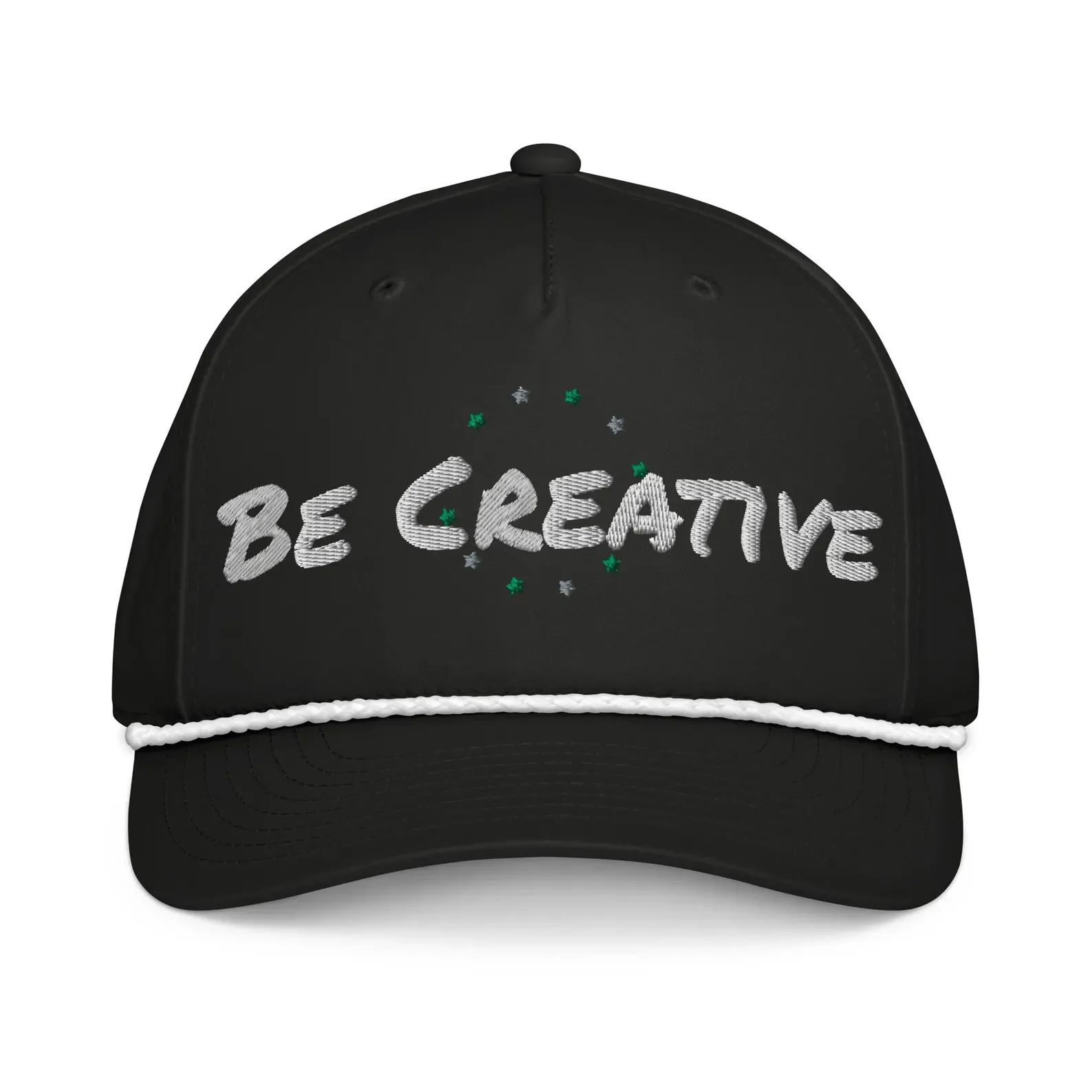 Black rope-trim baseball cap with white embroidered text that says ‘Be Creative,’ surrounded by small green and gray stitched stars.