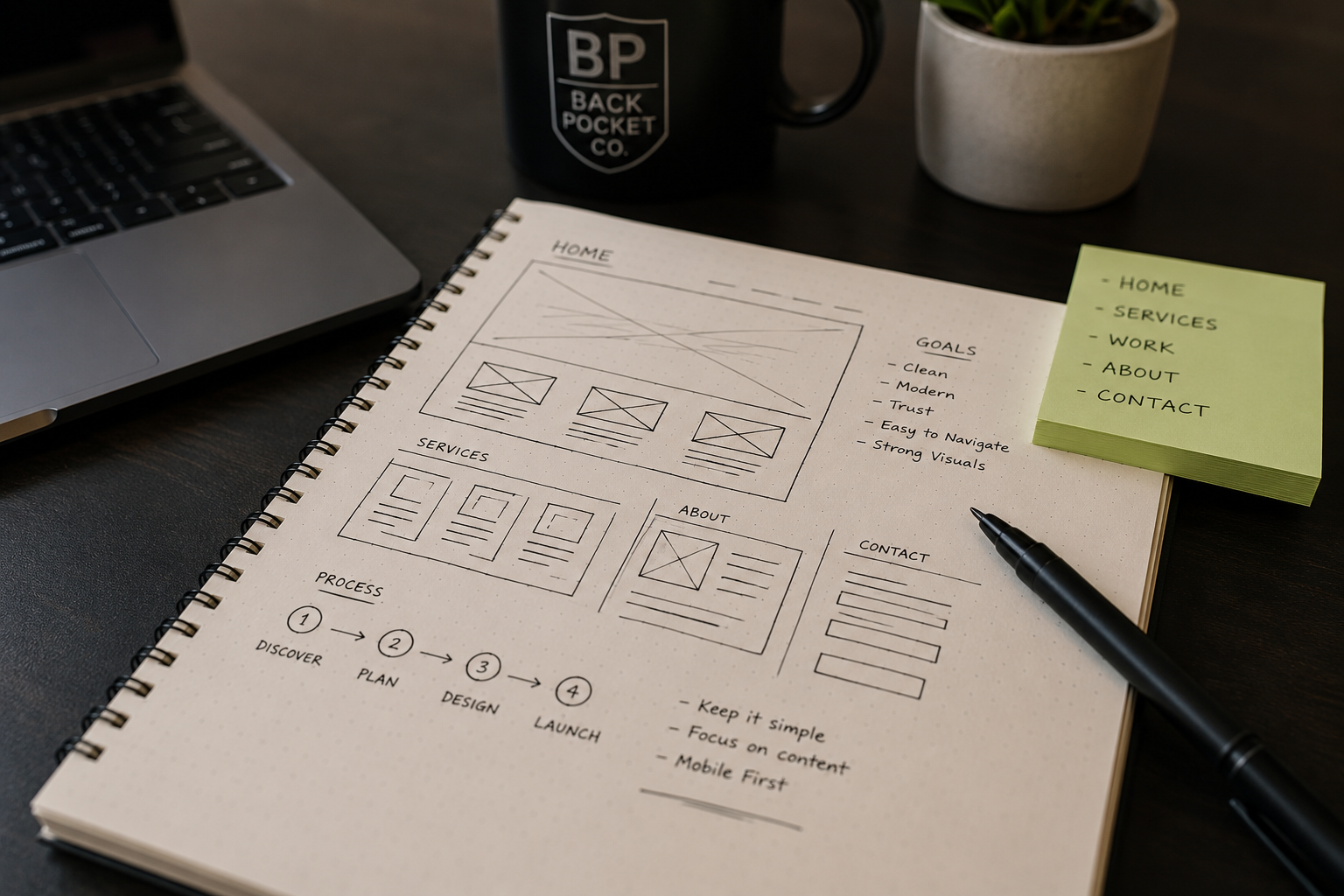 A notebook with website design sketches and notes, a laptop, a black coffee mug, a small potted plant, and sticky notes on a desk.