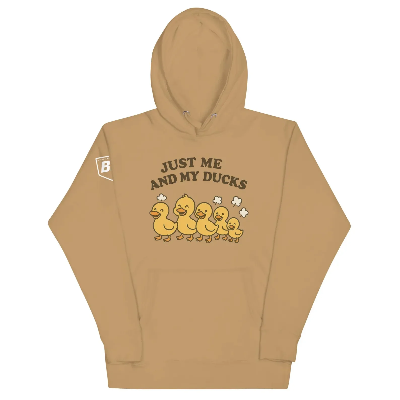 Tan hoodie with five cartoon yellow ducks walking in a row, some with little fart clouds, and black text above that reads ‘Just Me and My Ducks’; BPco logo on sleeve.