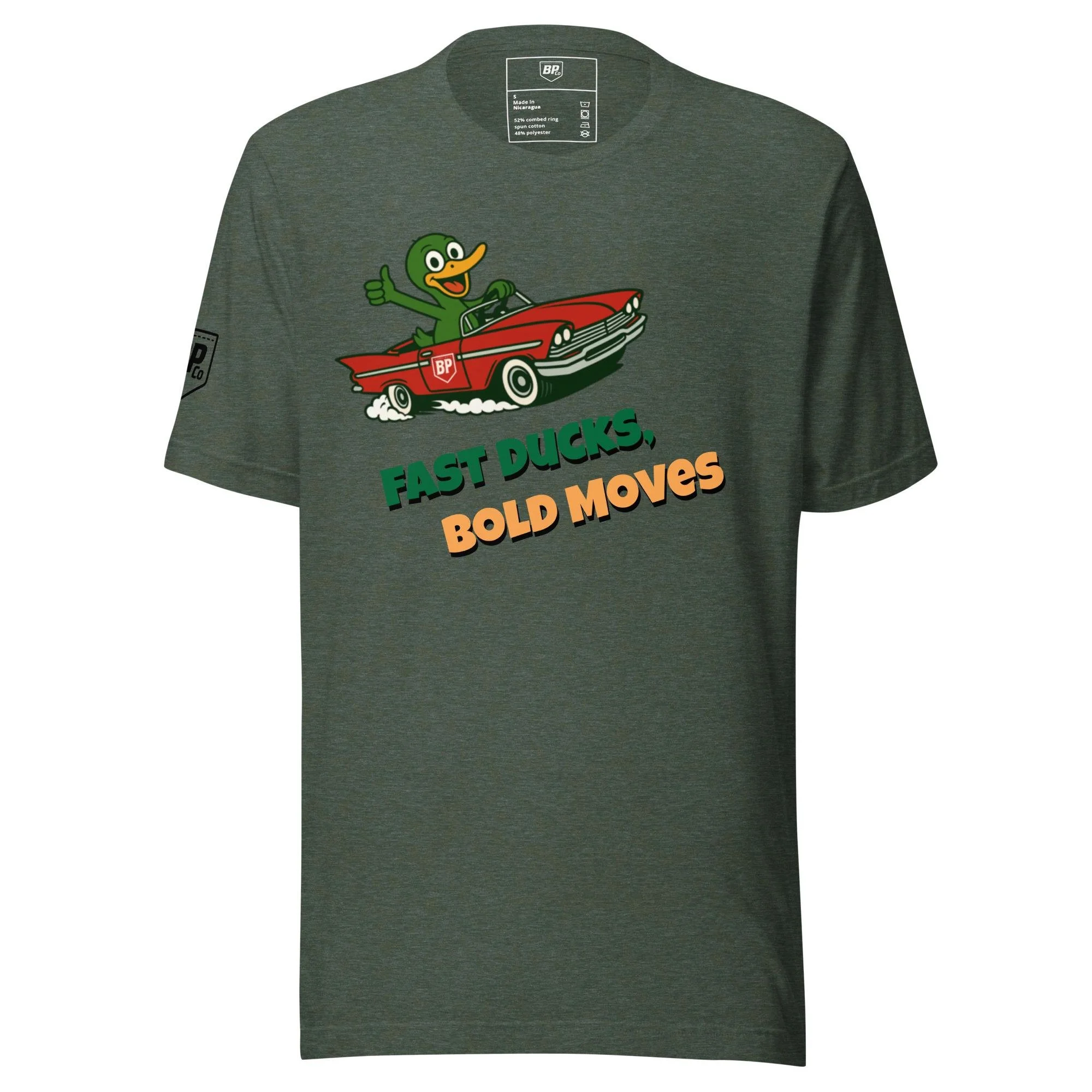 A dark gray T-shirt with a cartoon duck driving a red car and giving a thumbs up. The shirt features the text "Fast Ducks, Bold Moves" in green and orange font.