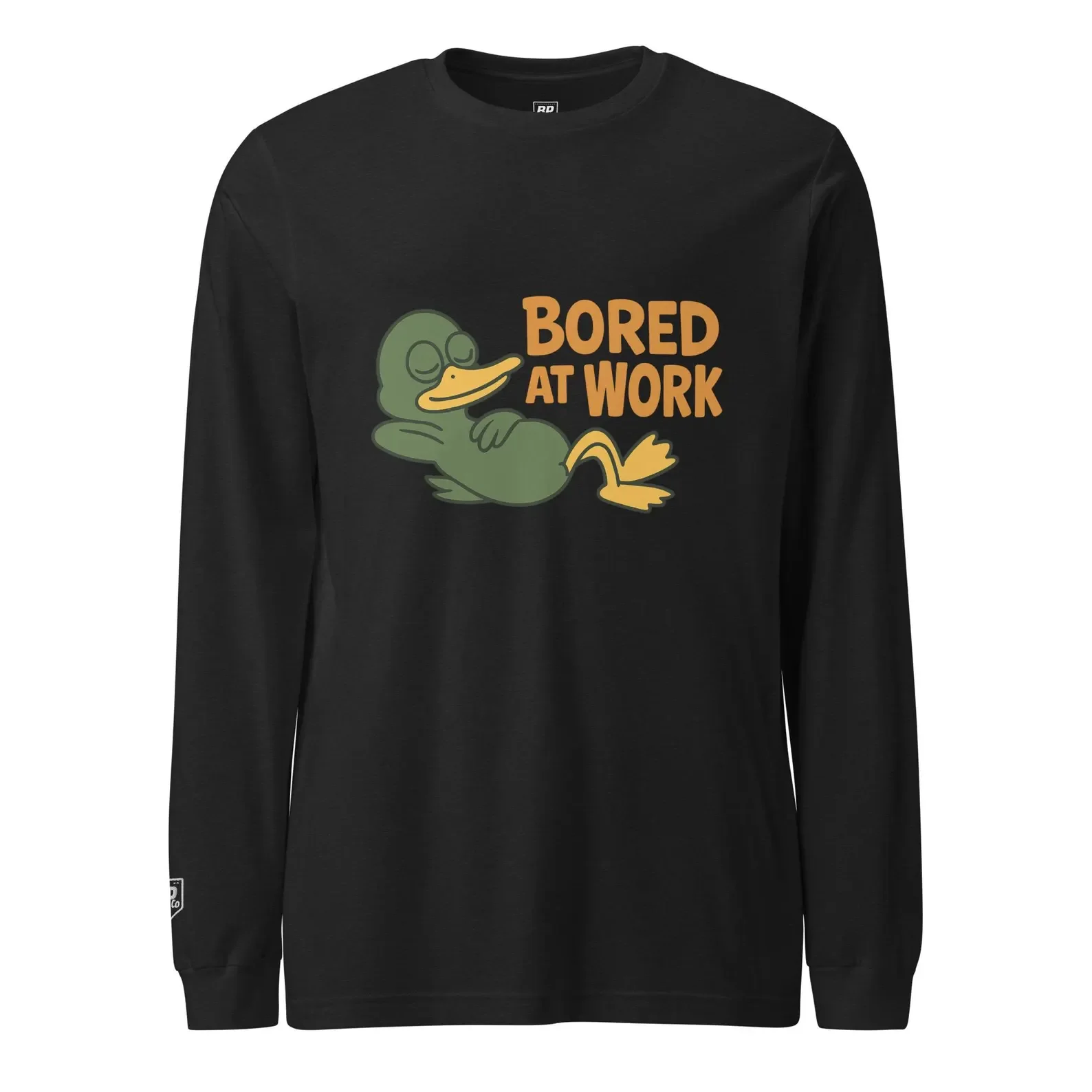 Black long-sleeve T-shirt with cartoon duck lounging on its back and orange text that says ‘Bored at Work’; BPco logo on sleeve.