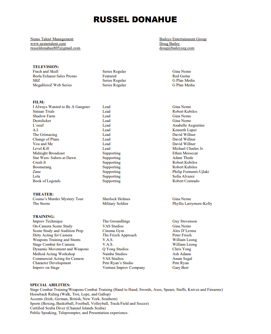 Resume of Russel Donahue including contact information, and a list of skills and experiences in television, film, theater, training, and special abilities.