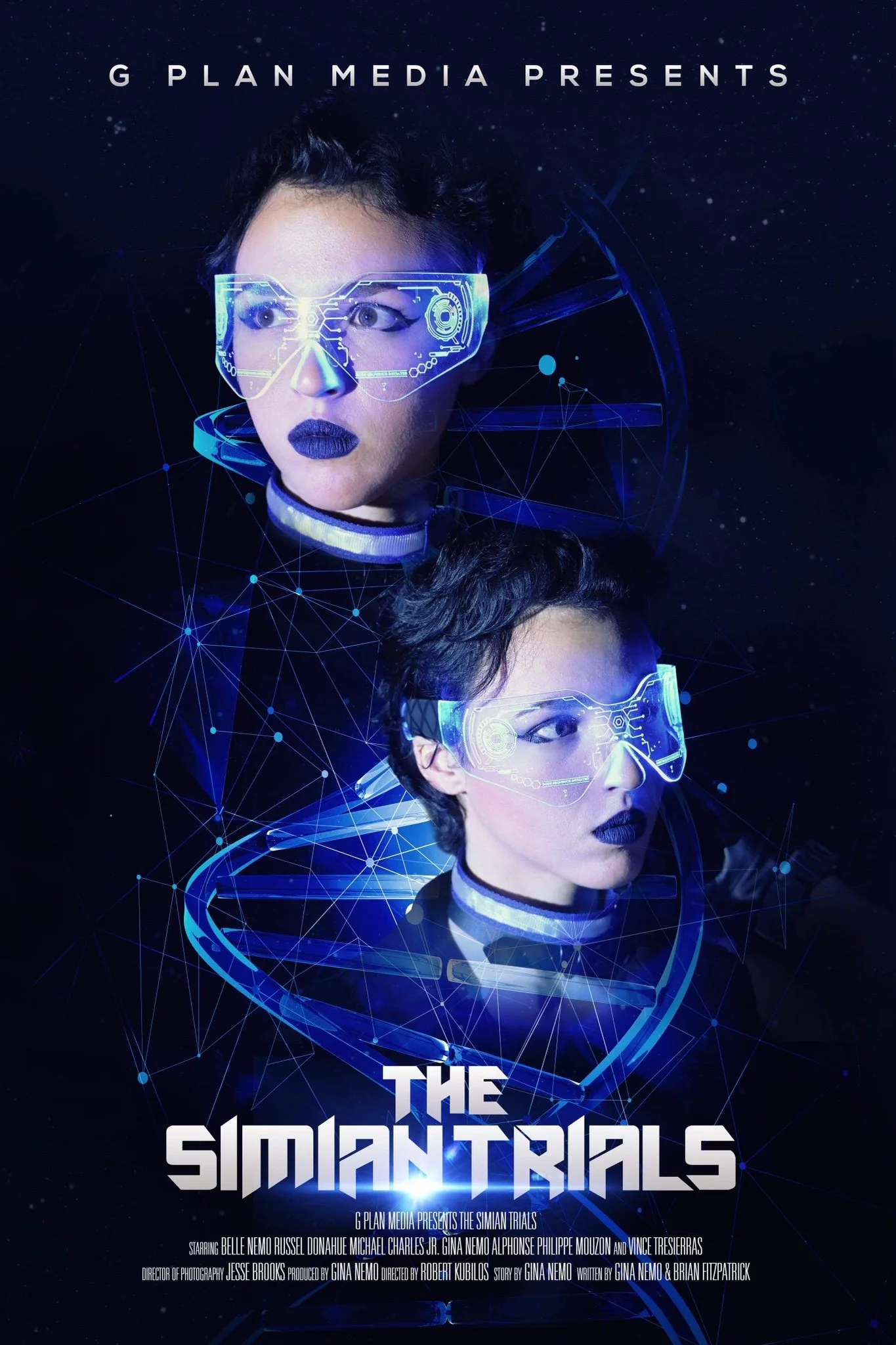 Sci-fi poster for The Simian Trials featuring high-tech visuals and main characters