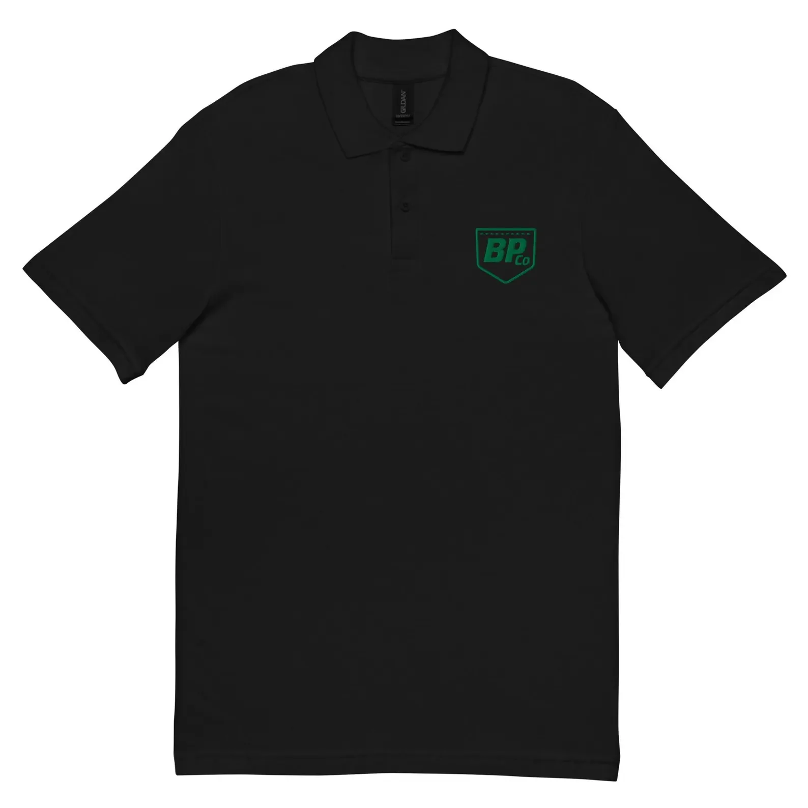 Black polo shirt with green BPco shield logo printed on the left chest.