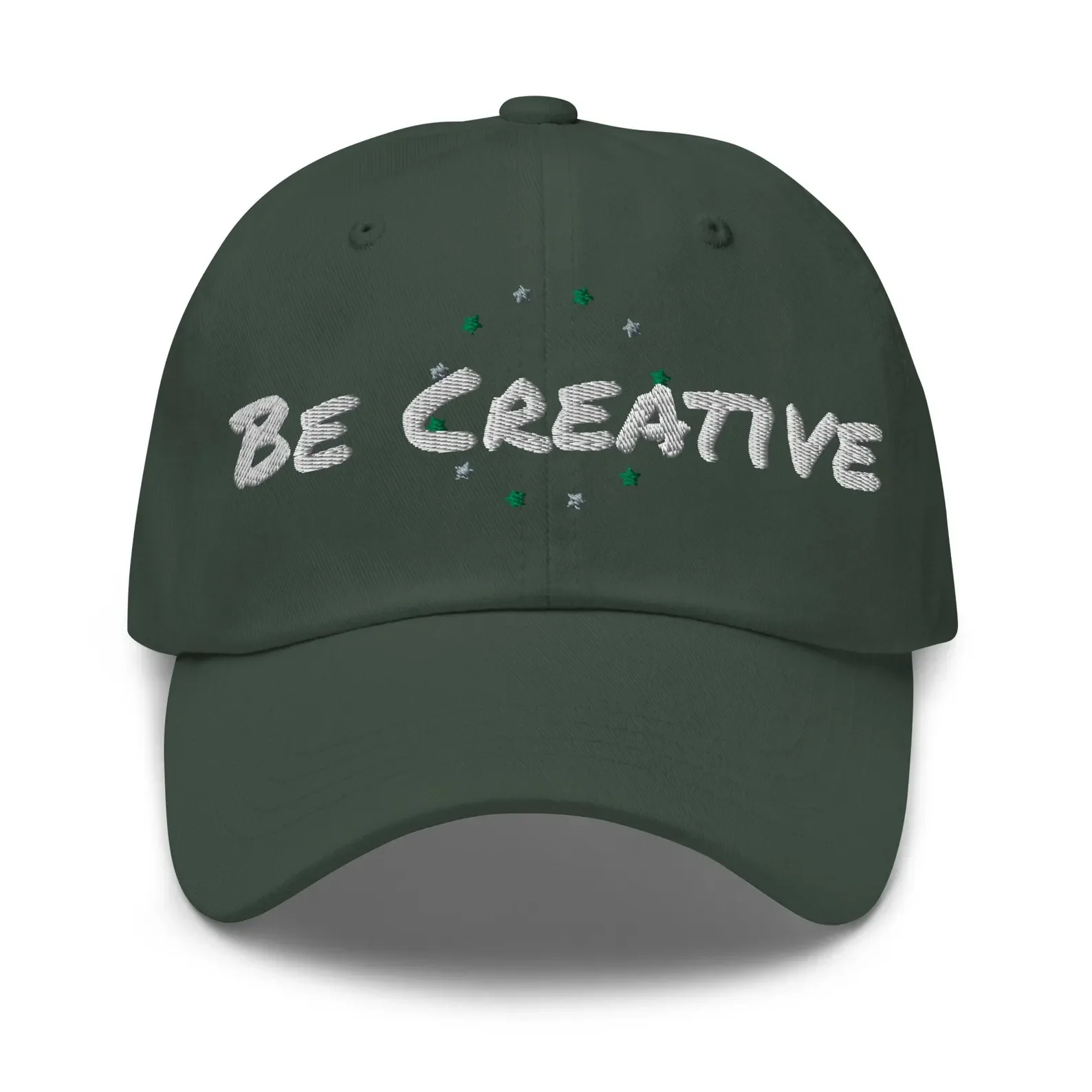 Dark green baseball cap with white embroidered text that says ‘Be Creative’ surrounded by small green and gray stitched stars.