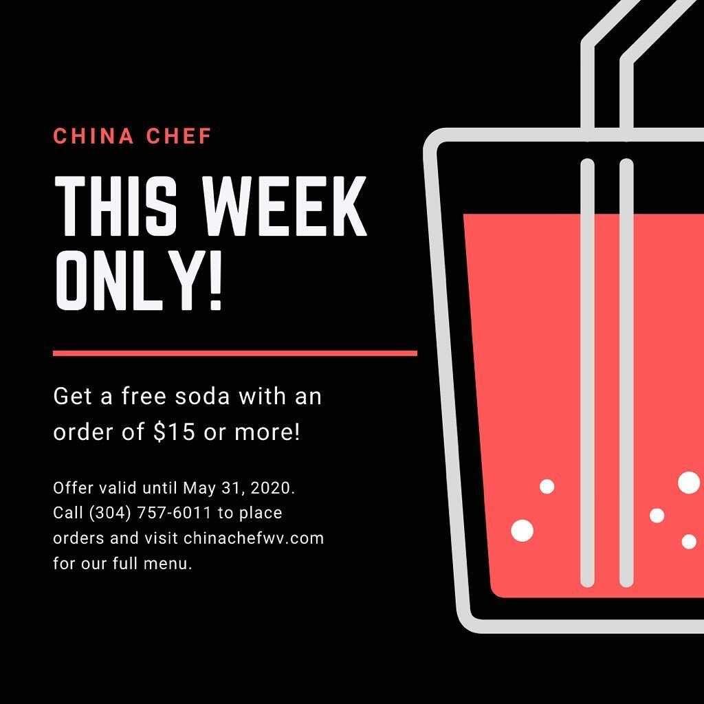 THIS WEEK ONLY! Get a free soda with an order of $15 or more! Offer valid until May 31st.

Call (304) 757-6011 to place orders &amp; visit our website (link in bio) for the full menu!