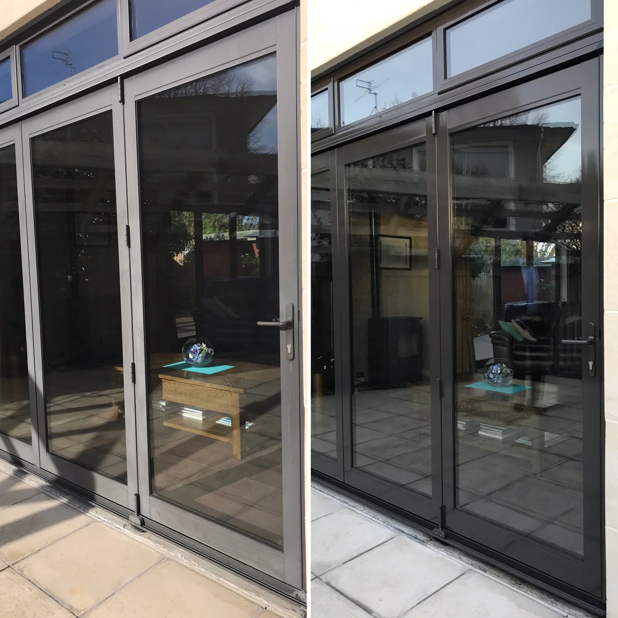 These north facing bifold doors in Christchurch were dulled off after around 10 years following installation. By coating with Nano-Clear® the original colour (CS Ironsand) returned as well as having removed many scuffs and stains received over the y…