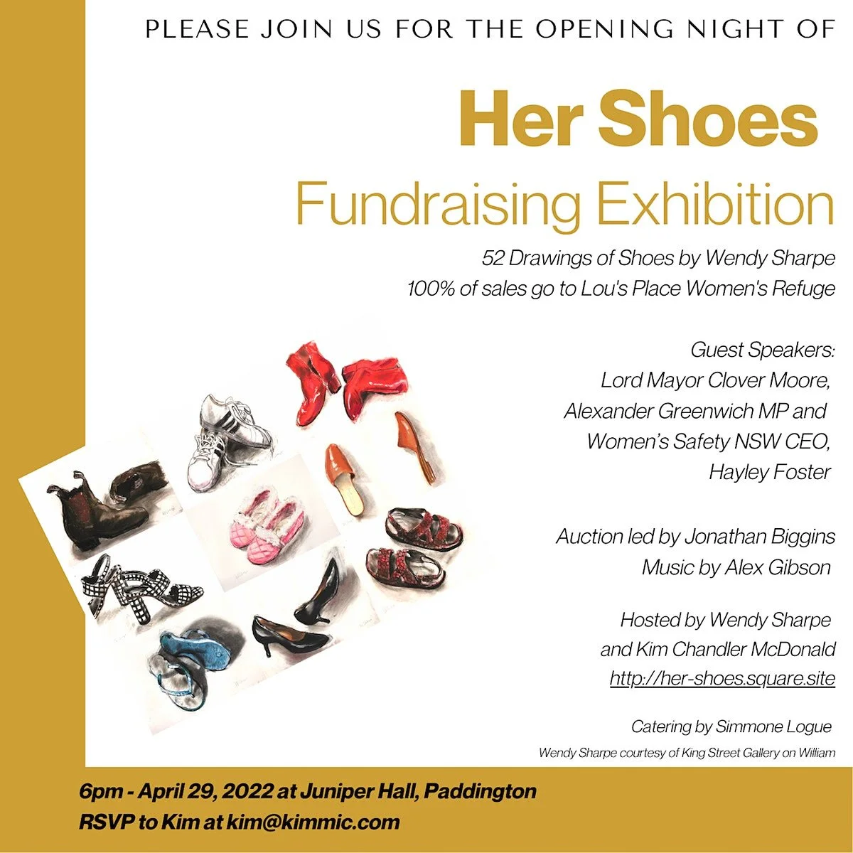 Lou's Place Fundraiser - Her Shoes Art Exhibition, by Wendy Sharpe, Opening Night (April 29, 2022)