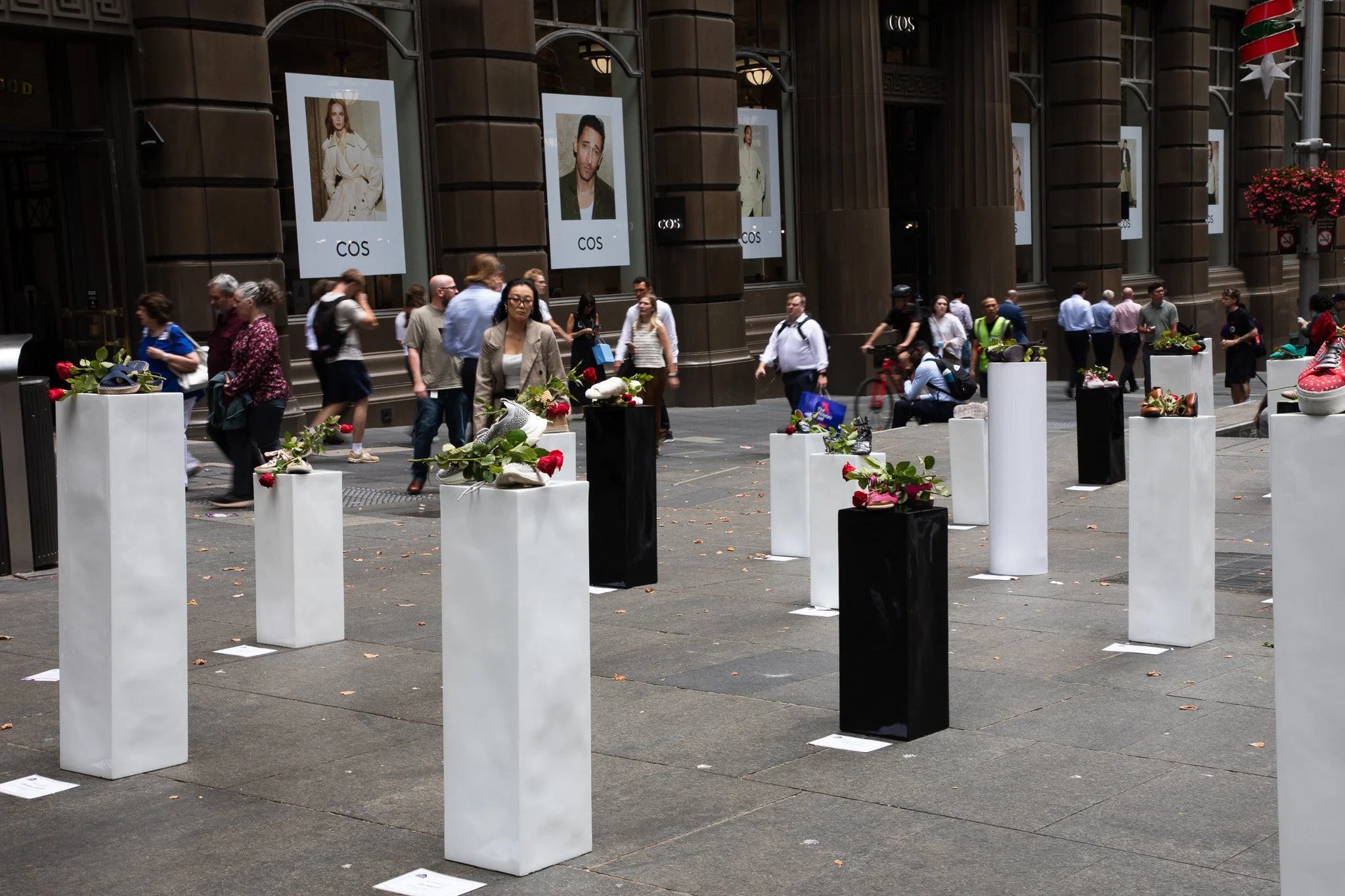 Plinths of empty shoes honouring the women, children and animals who have been victims of domestic and family violence (DFV).
