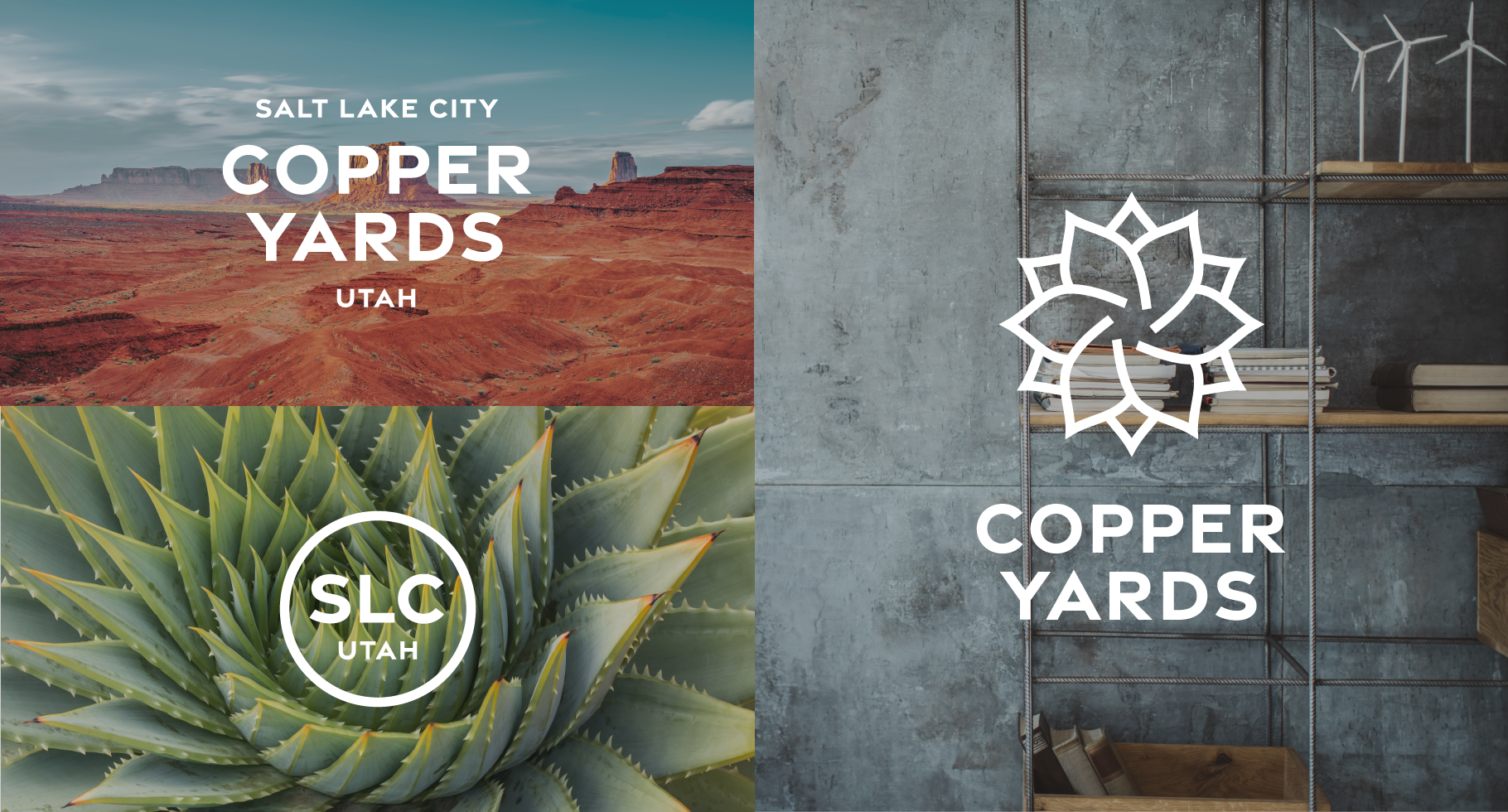 Placemaking imagery and logo marks associated with a mix of natural and urban elements. The succulent mark is inspired by the Utah landscape and the distinct radial symmetry of the petals reinforces ideas of convergence and coming together..