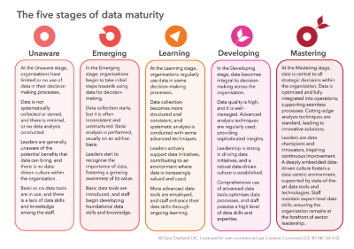 Data Orchard's 5 stages of organisational data maturity in a one page graphic