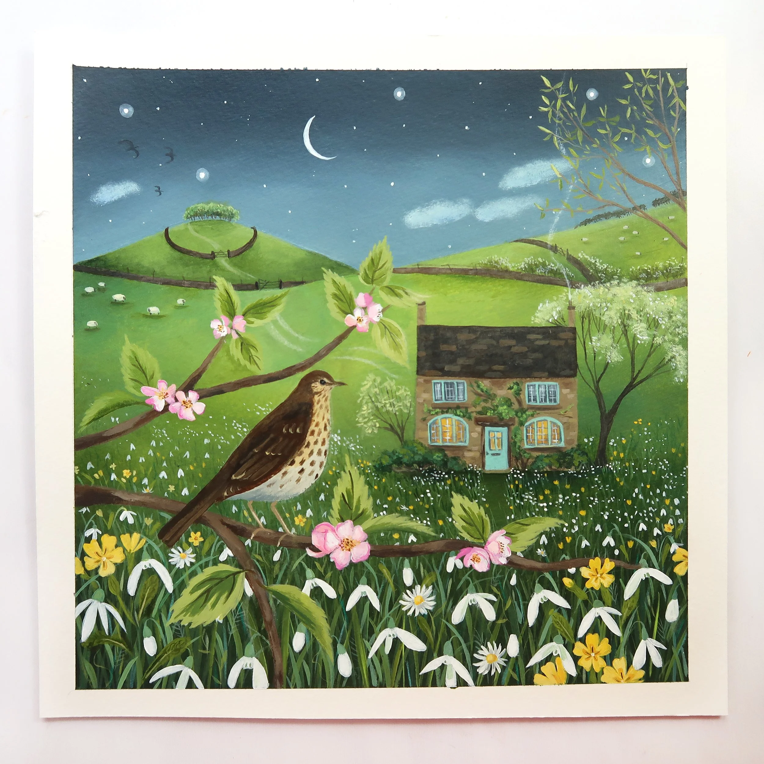 A Song Thrush in the Snowdrops - original acrylic painting