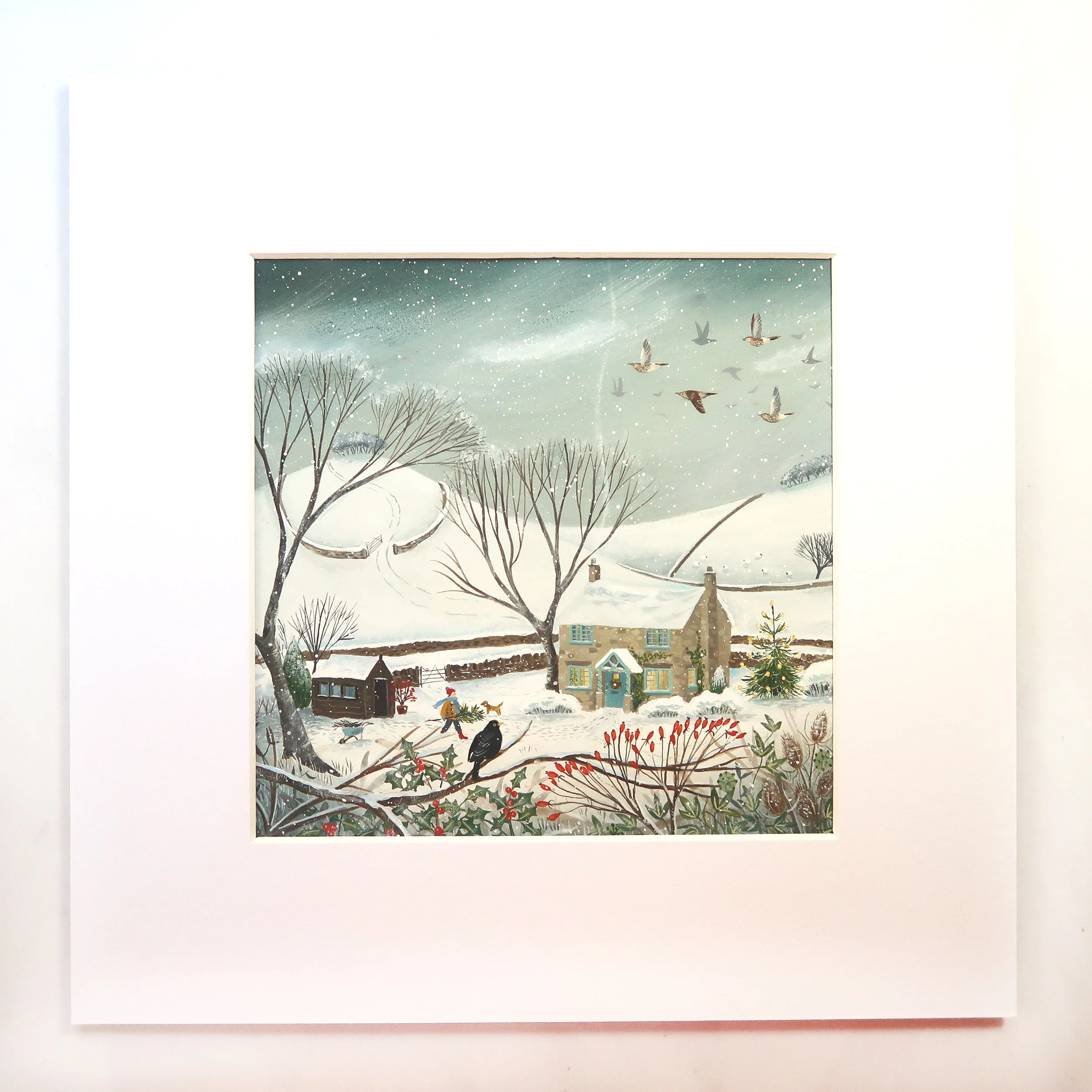 Fieldfares Over Christmas Cottage - Original acrylic painting