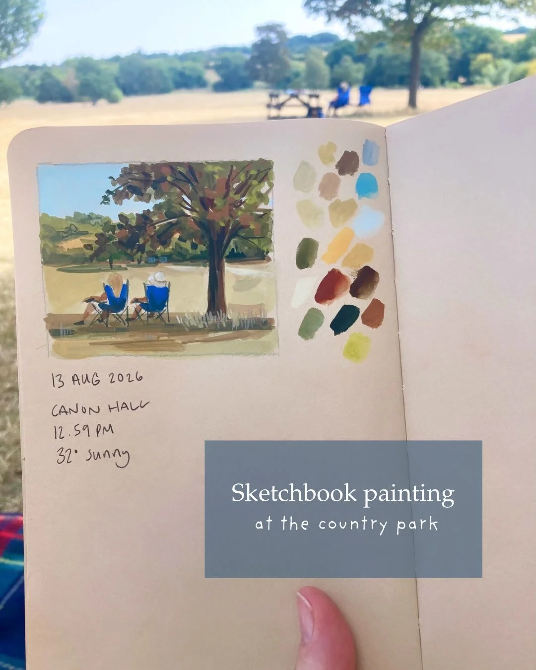 The hardest thing about painting in the heat is the speed at which the paint dries!

We went to the country park for a picnic earlier today, choosing to pitch up under the shade of a big oak tree.  I&rsquo;d taken a book and some art supplies and des