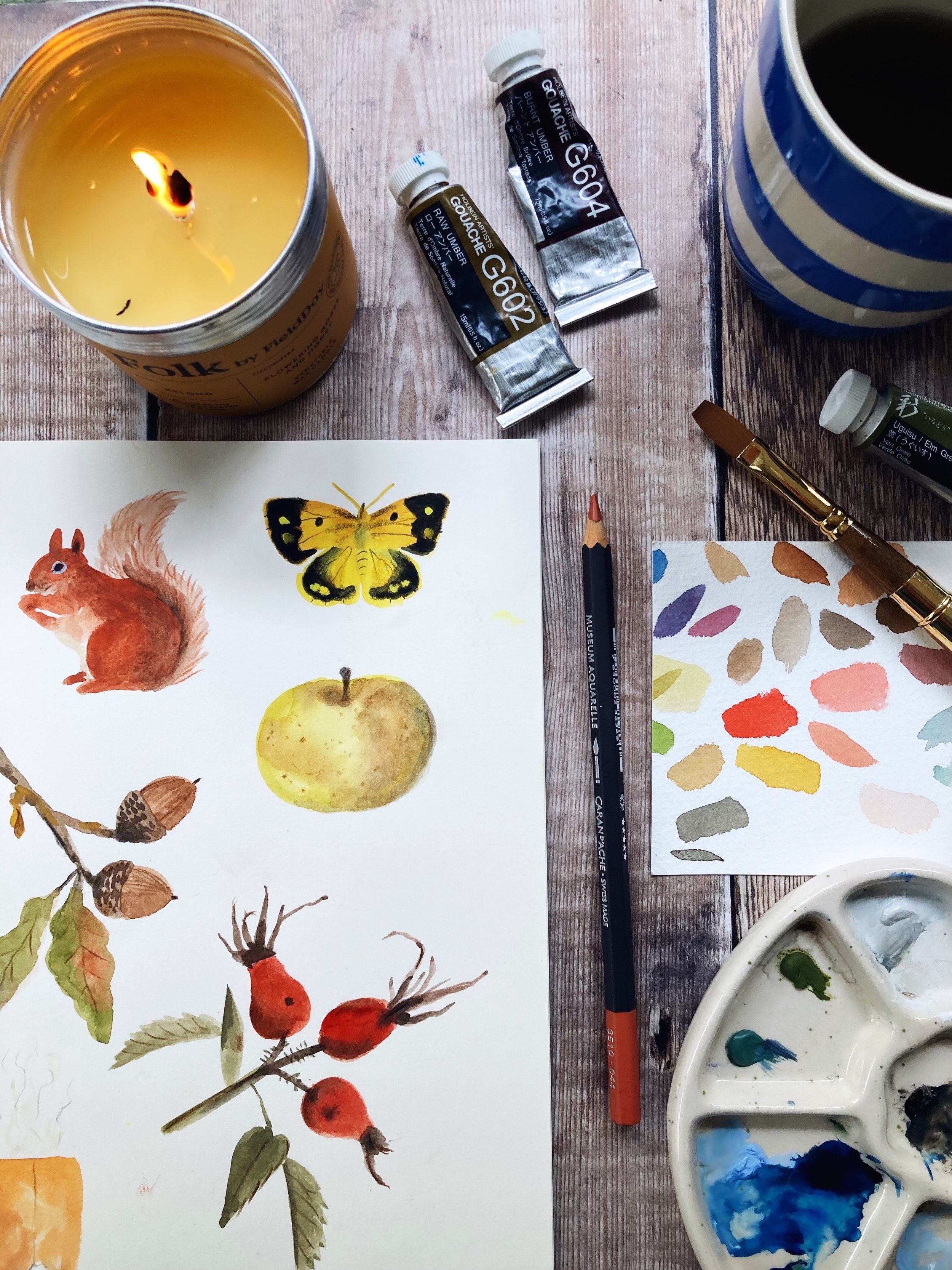 Autumn feels 🍂🍁

Gouache painting by candlelight, cosy season is upon us! 

#sketchbookpainting #autumnillustration