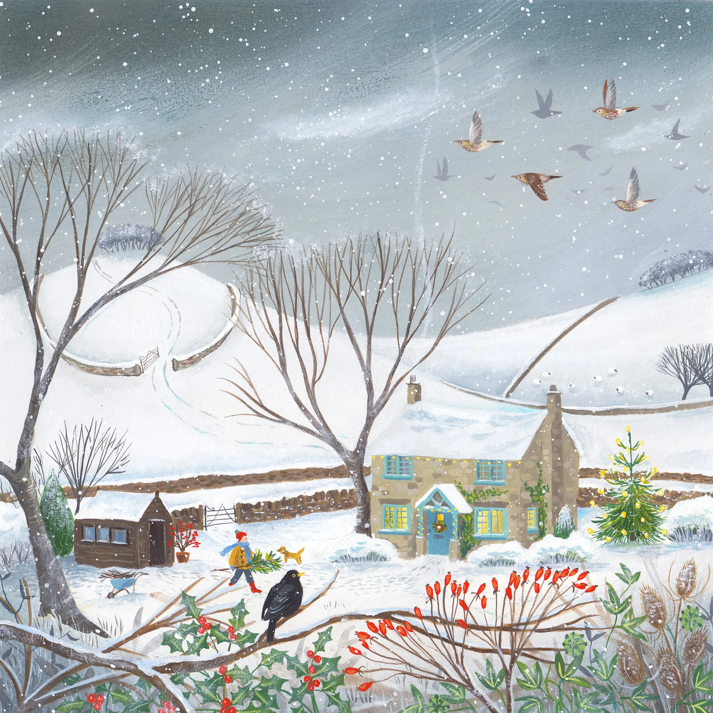 Fieldfares Over Christmas Cottage