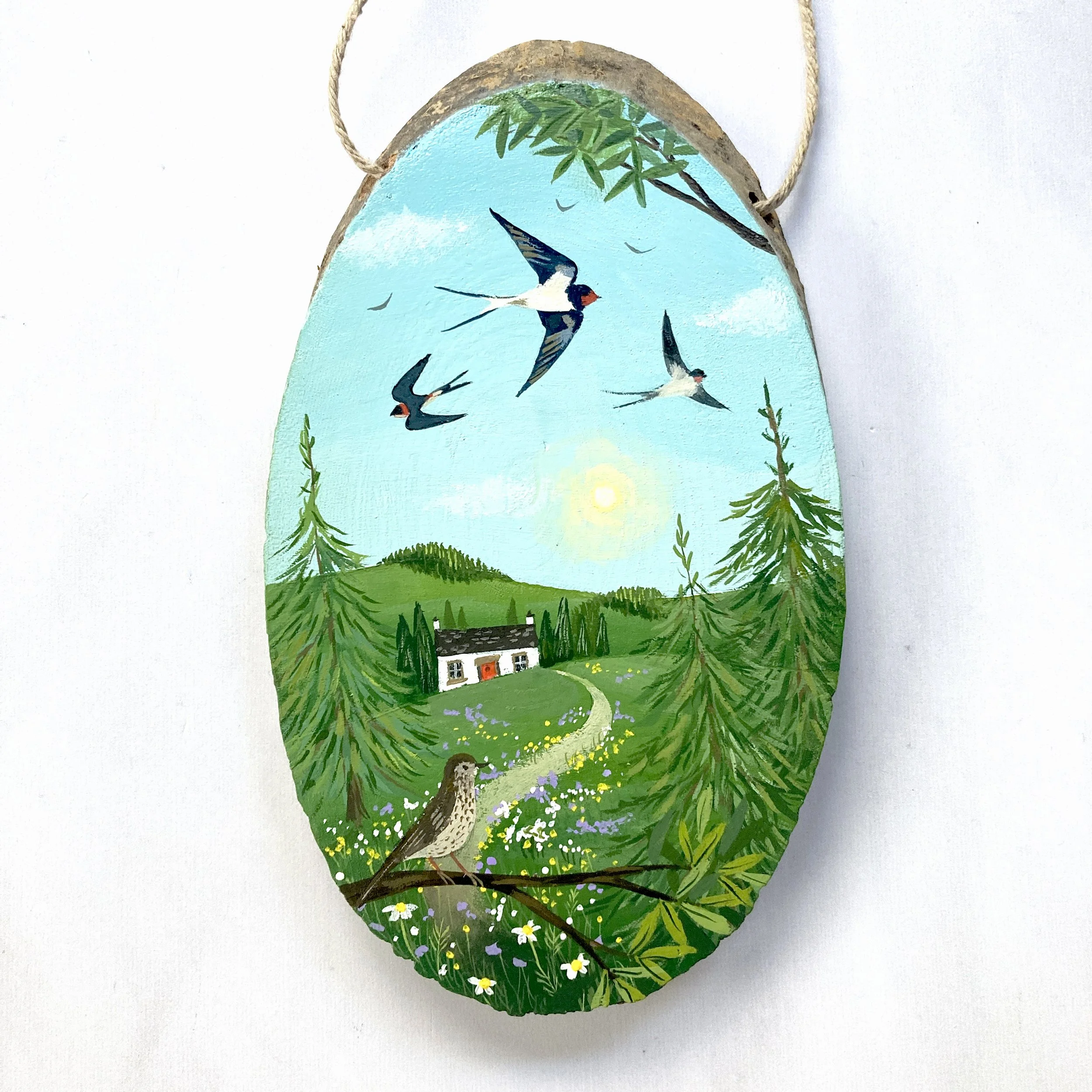 The Swallows Return - Original gouache painting on wood