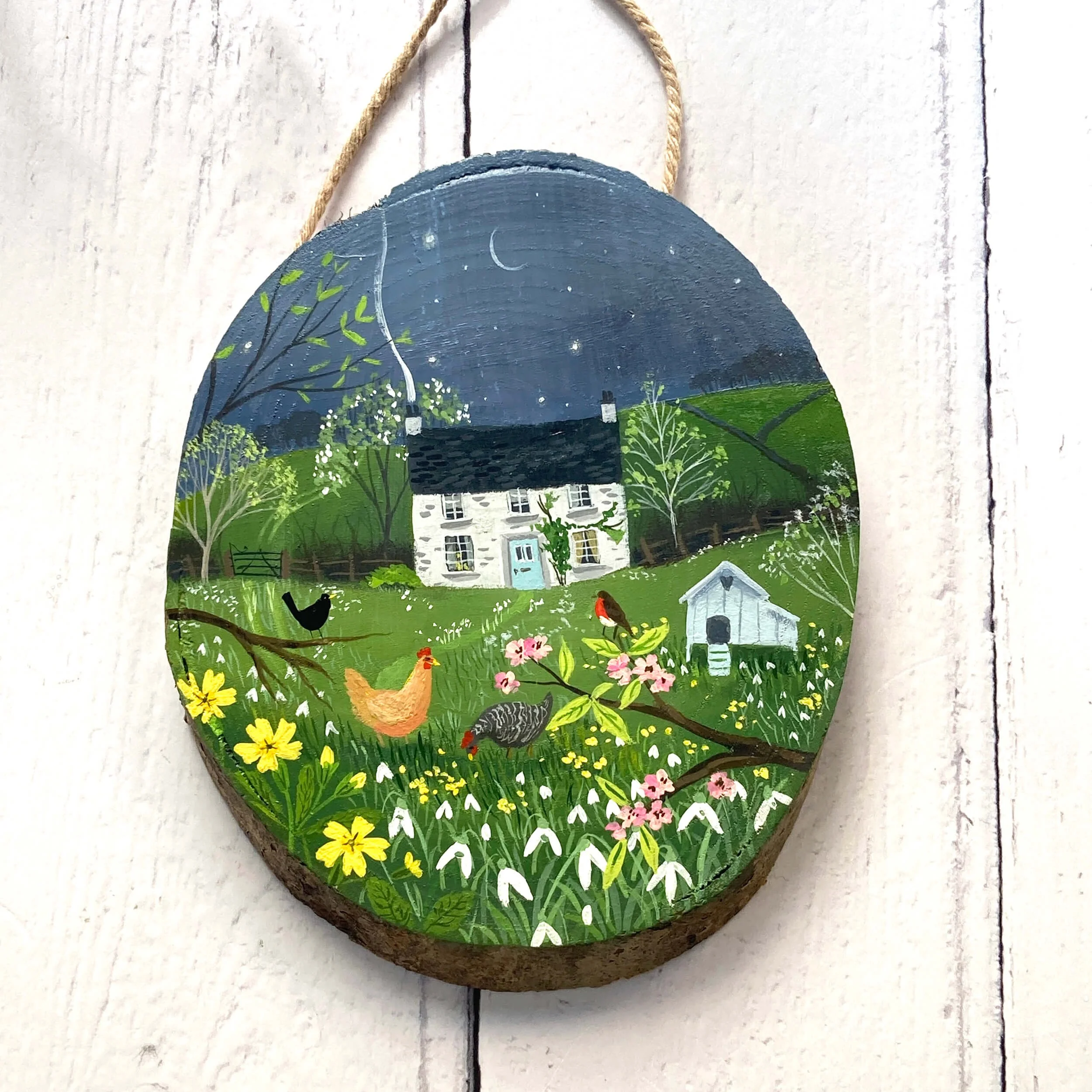 Primrose Cottage - original gouache painting on wood.