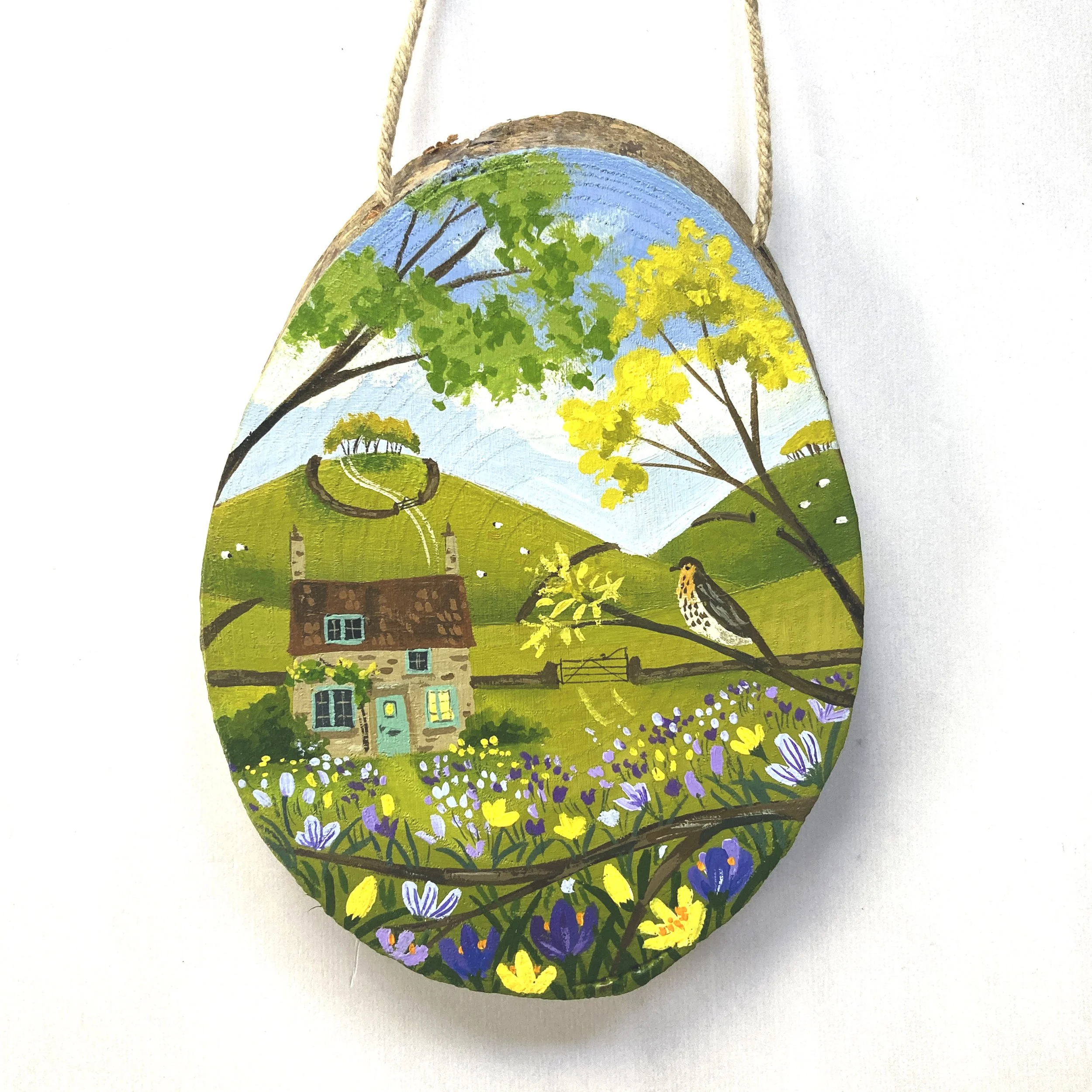 Crocus Cottage - Original gouache painting on wood