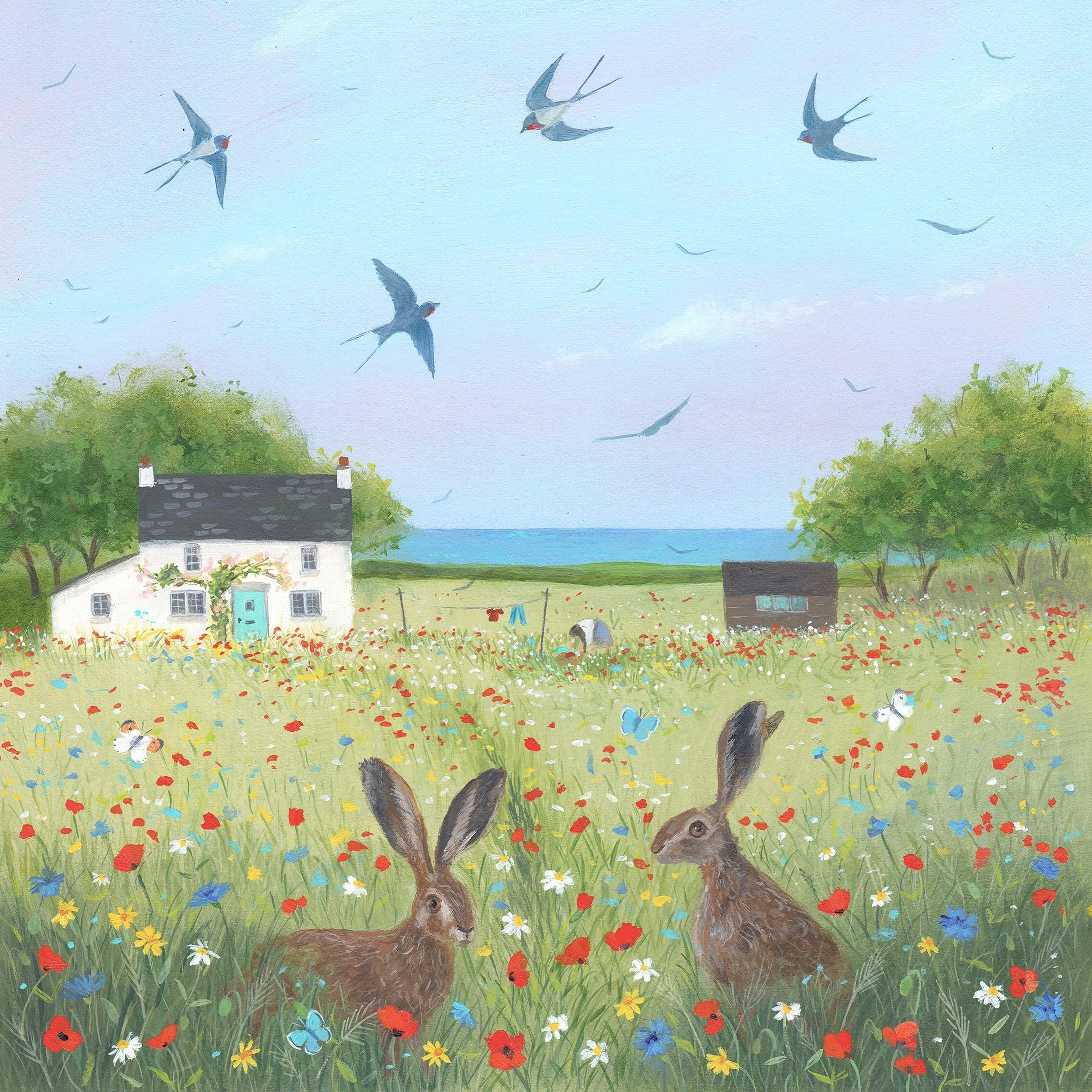 Swallows & Hares Greetings Card
