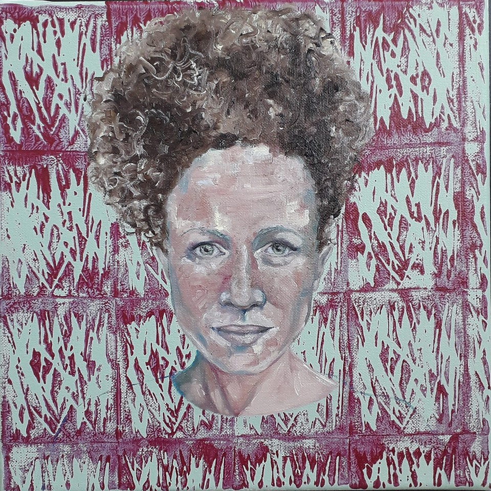 "Melanie", oil and block printing on canvas, 30x30 cm, 2019