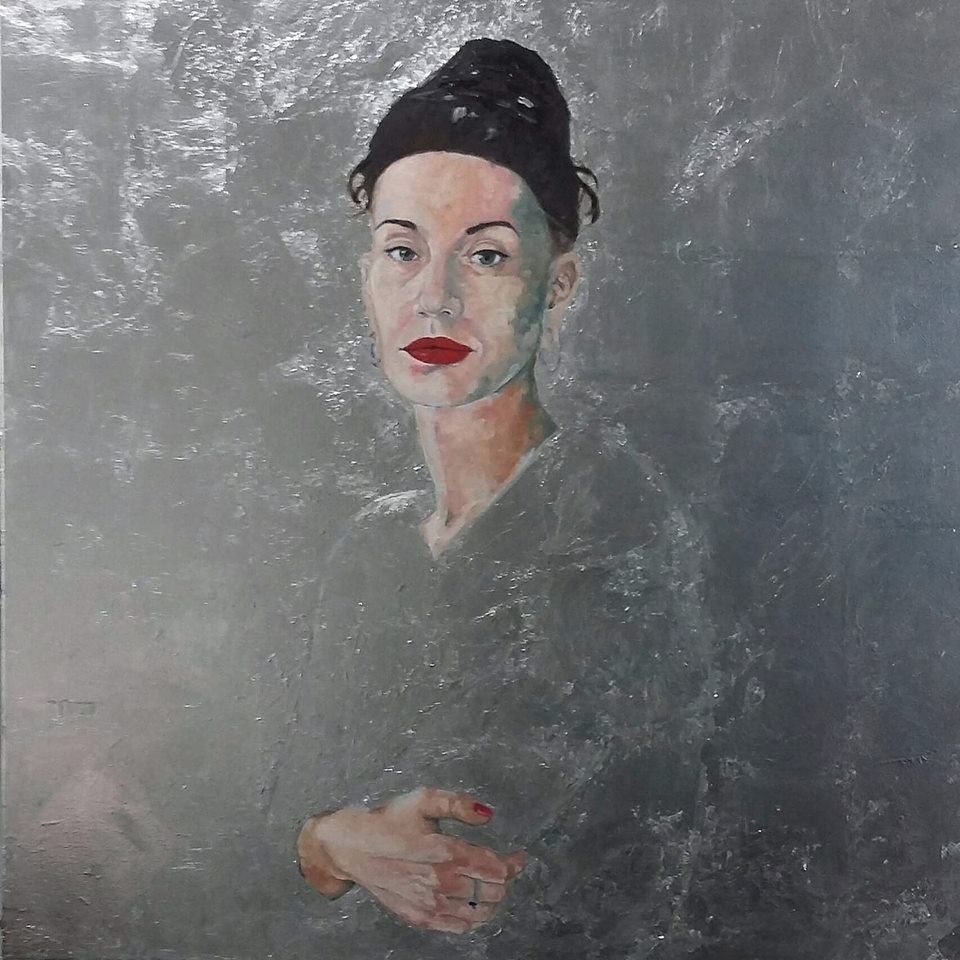 "al-kīmiyā / الكيمياء Susana", oil and silver leaves on canvas, 100x100 cm , 2019