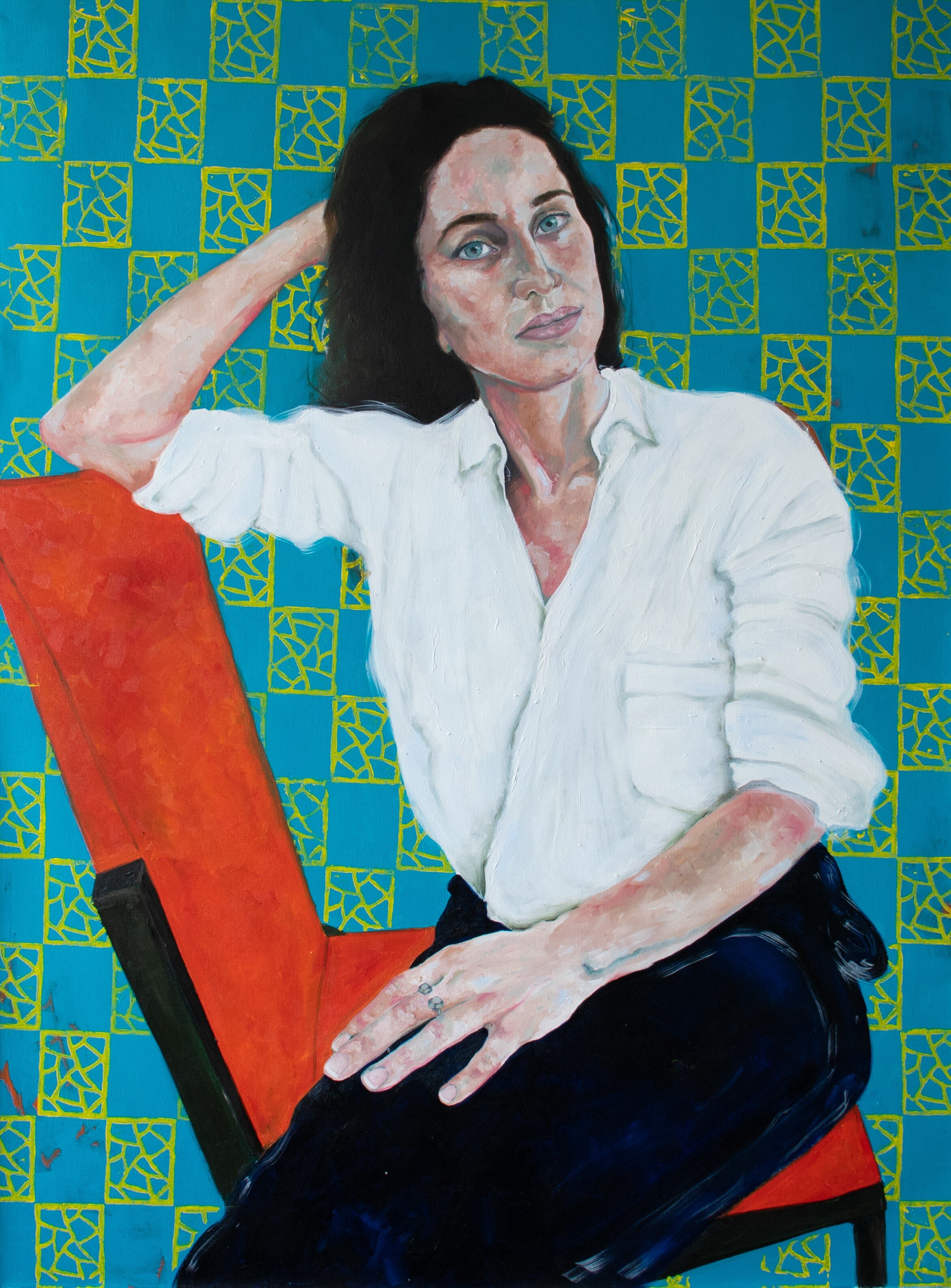 Martina, oil and block printing on canvas, 140x100 cm 2020