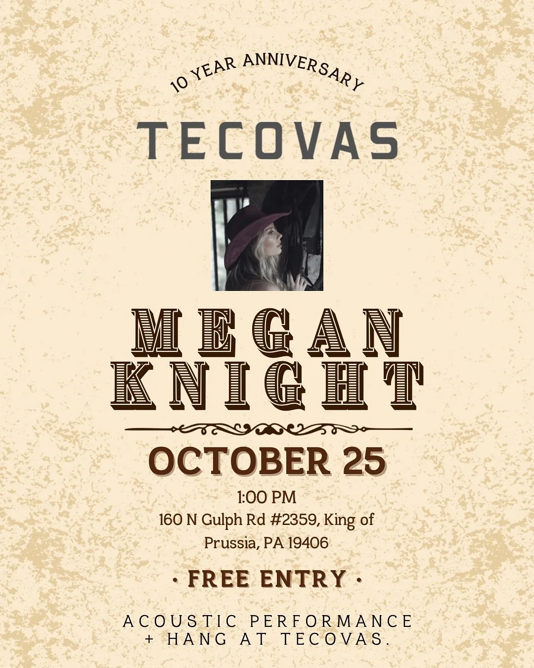 Can&rsquo;t wait to celebrate @tecovas 10
Year Anniversary in their King Of Prussia Location 10/25! Come hang with us from 1-5pm ! Live acoustic performance + meet and greet 🎶 

#tecovas #countrymusic #tour #meganknight #westernstyle #kingofprussia 