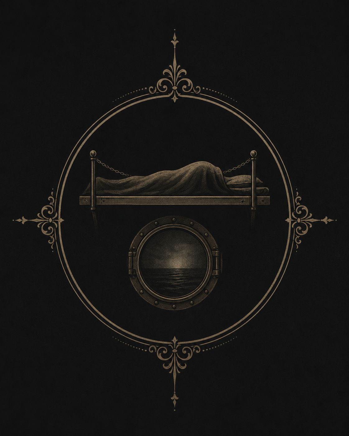 The Upper Berth Victorian maritime horror emblem for Night Terrors 2026 by Searcher Collective in Pueblo, featuring an upper ship berth, covered form, and dark porthole.