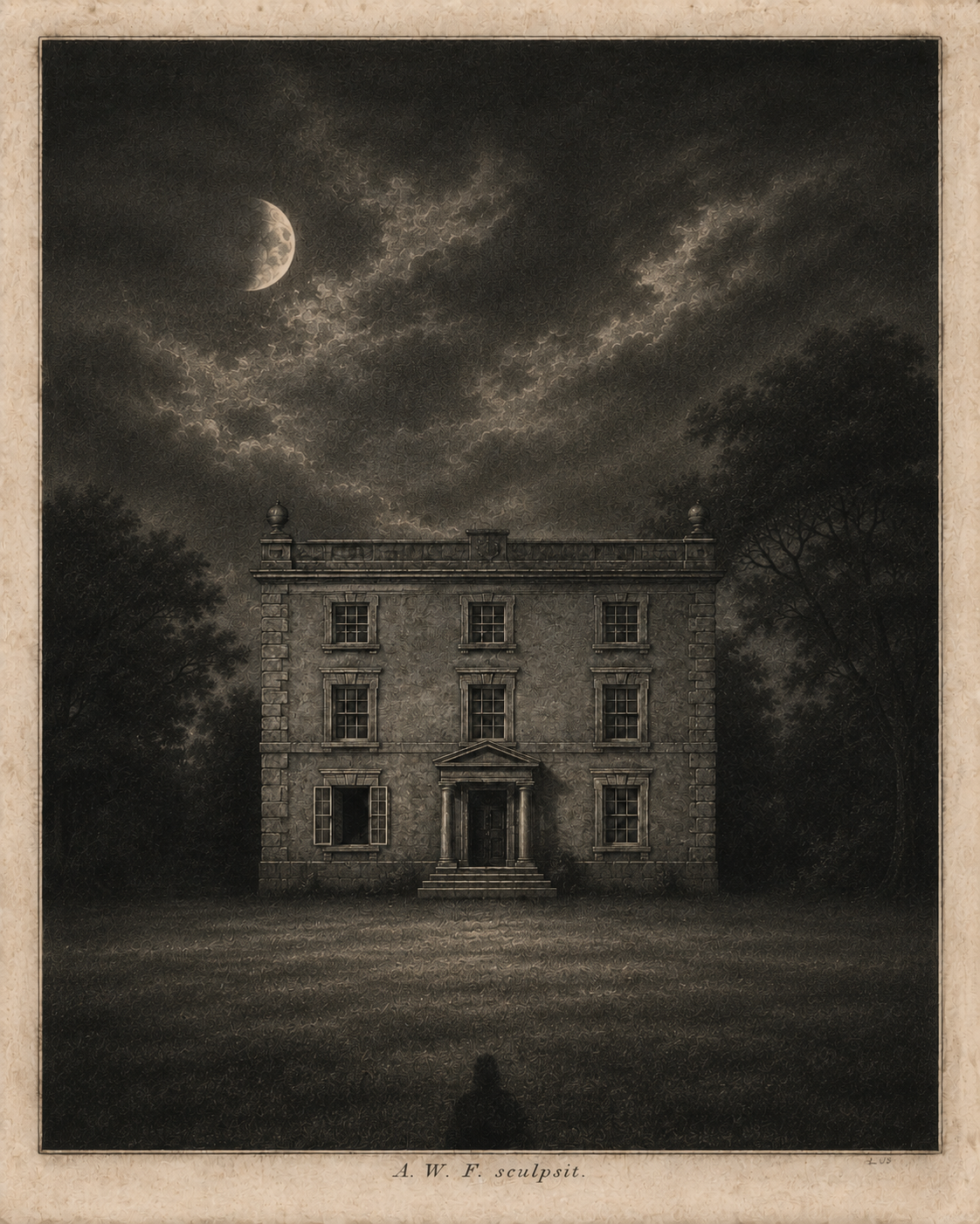 An English manor by moonlight with a shadowy figure at the bottom center