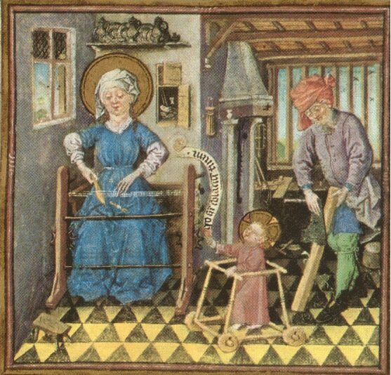 Even Mary needed her hands free at some of the day. Here’s a photo of a painting of the Holy family and Jesus is in a walker giving Mary and Joseph room to get stuff done. Title: The Holy Family at Work. 92 From the Book of Hours of Catherine of Cle…