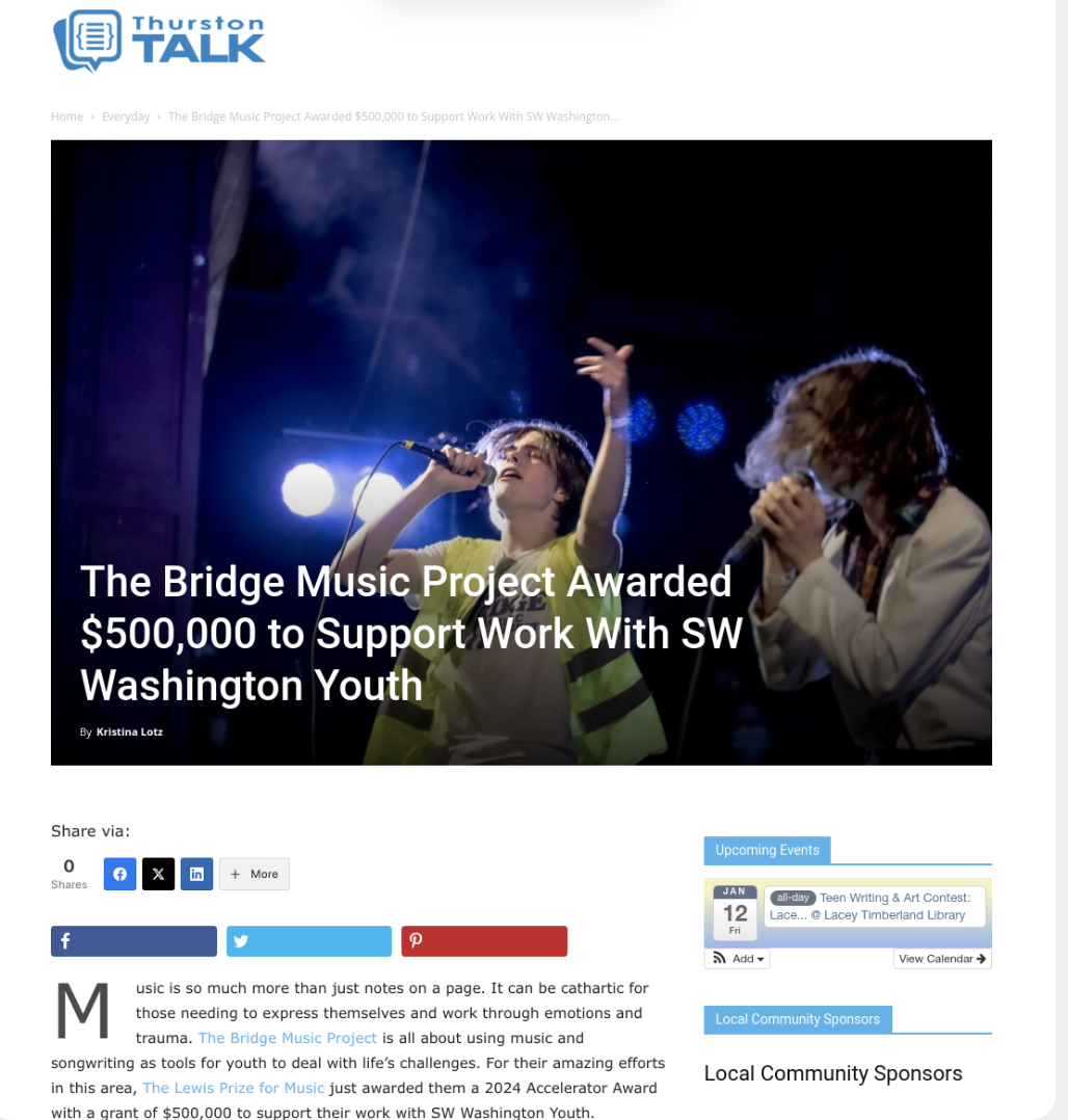 ThurstonTalk: The Bridge Music Project Awarded $500,000 to Support Work With SW Washington Youth