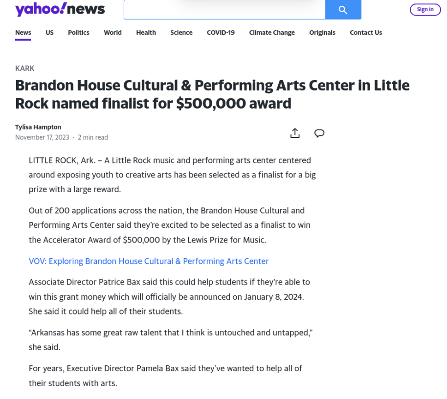 Yahoo: Brandon House Cultural &amp; Performing Arts Center in Little Rock named finalist for $500,000 award