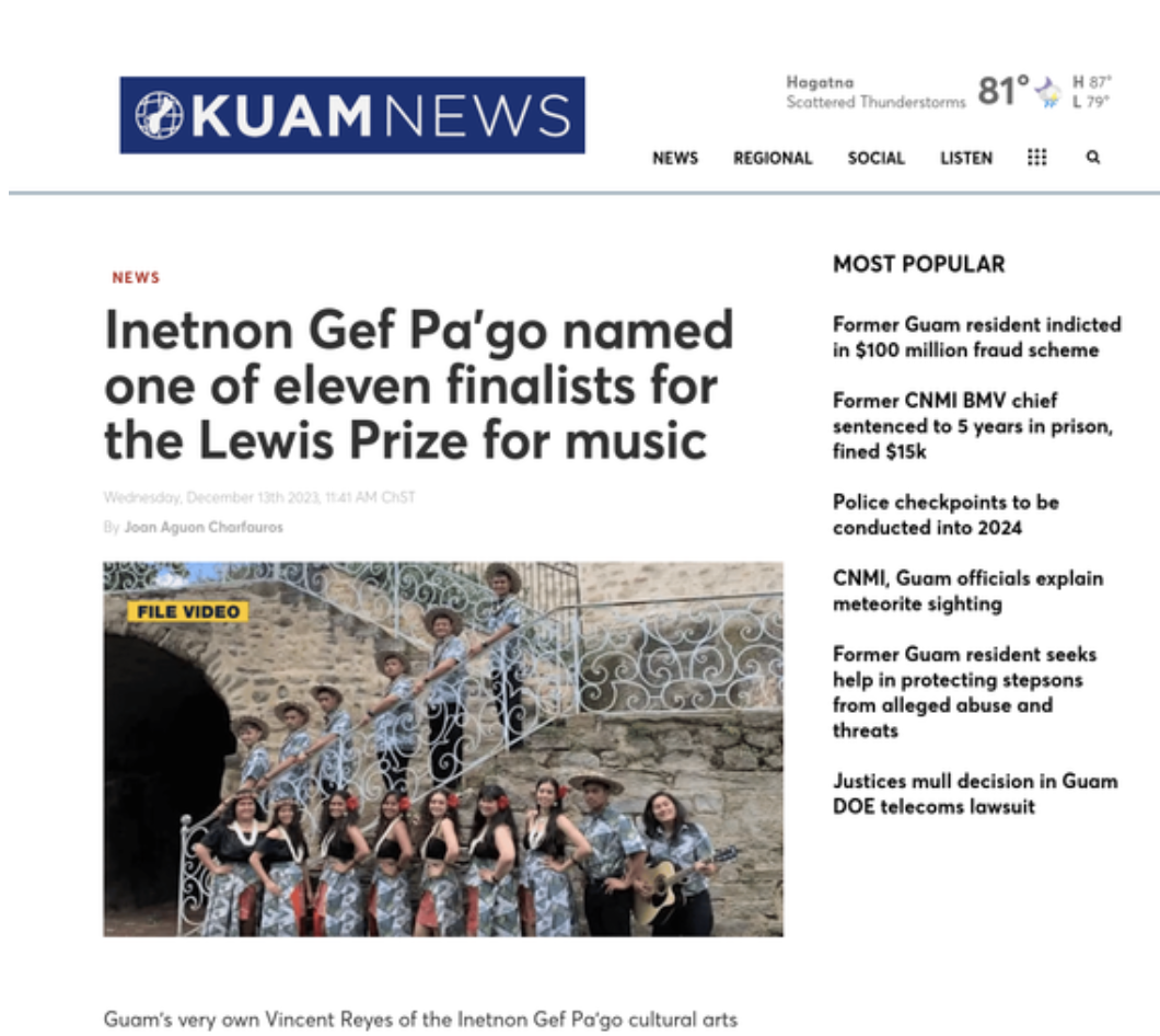 KUAM News: Inetnon Gef Pa'go named one of eleven finalists for the Lewis Prize for music