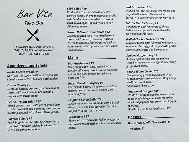 Our patio is open! But don&rsquo;t forget about our takeout menu!
&bull;
&bull;
&bull;
#peterborough #ptbo #barvita #takeout #localfoodptbo