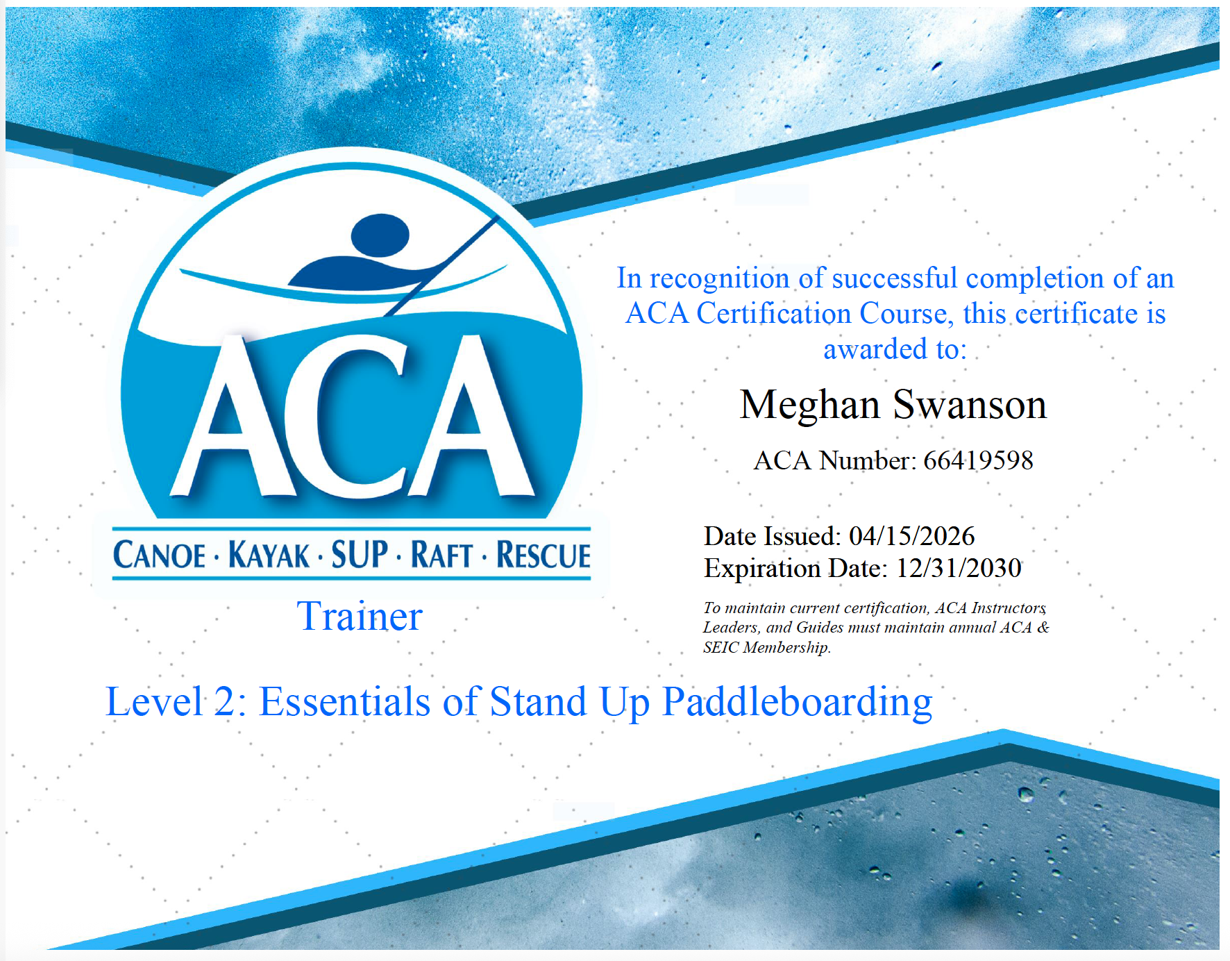 MeghanSwanson-ACA-SUP-InstructorTrainer-Level 2