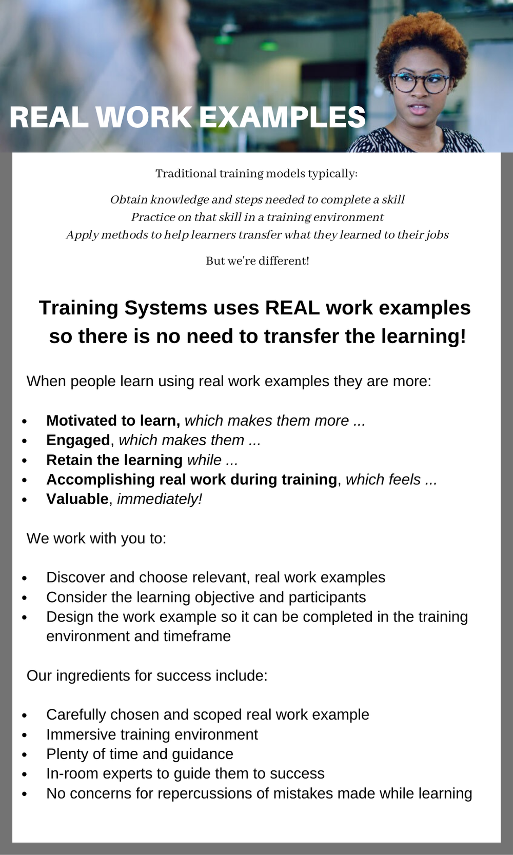 Real Work Examples — Training Systems, Inc.