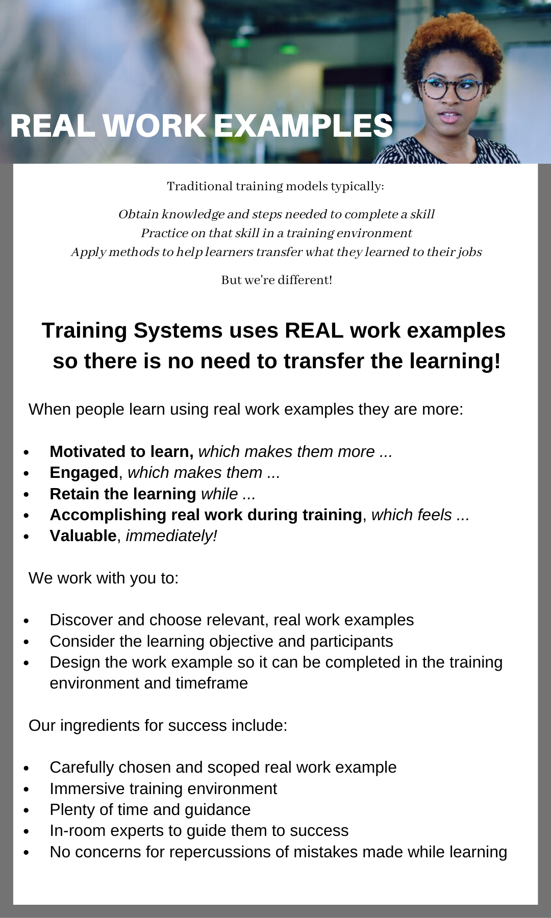 Real Work Examples — Training Systems, Inc.