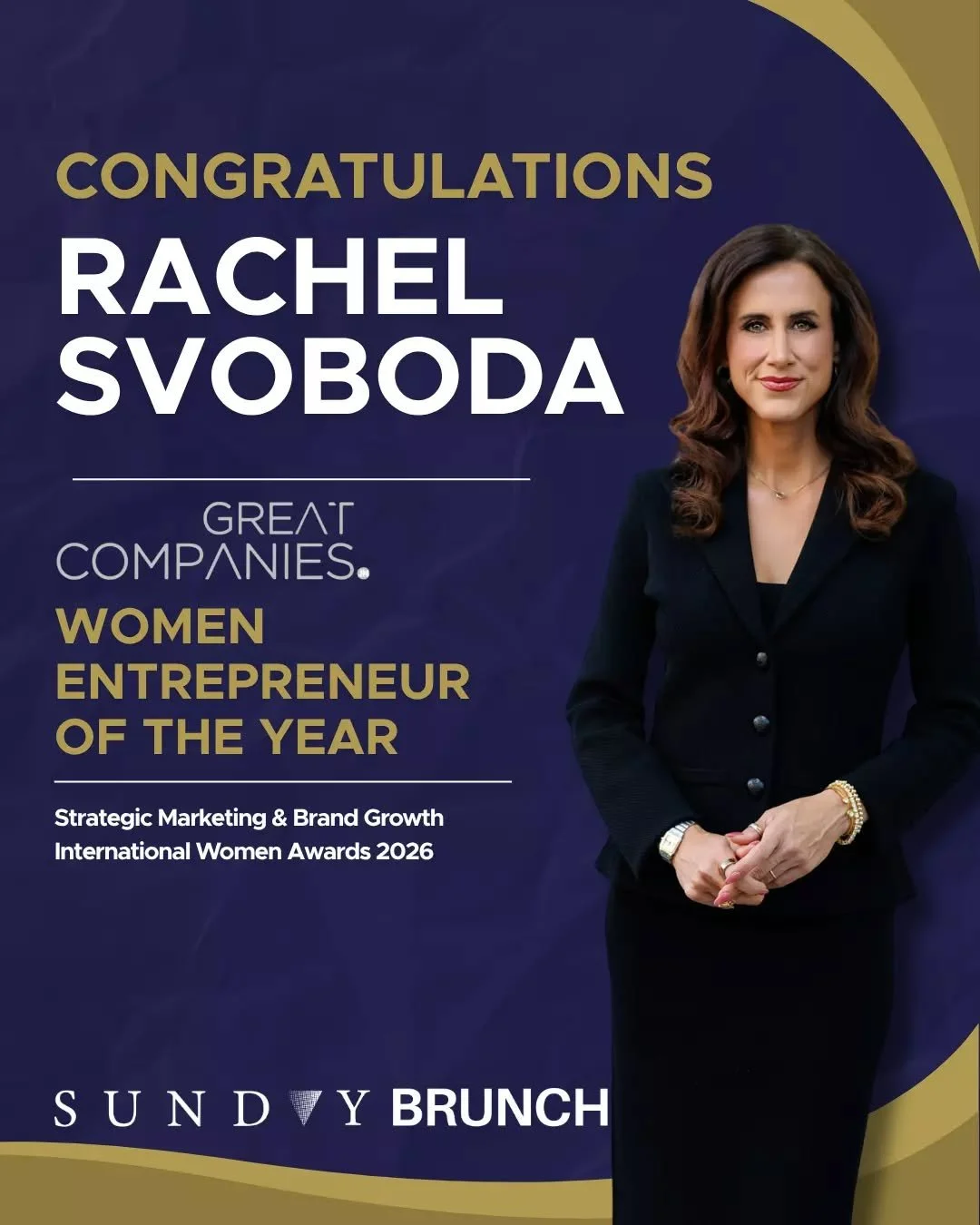Congratulations to @RachelSvoboda.oc on being recognised as a Winner of the 8th International Women Entrepreneur Awards 2026 by Great Companies Online Business Magazine.🌟 

As the visionary behind Sunday Brunch Agency, her creativity, leadership, an