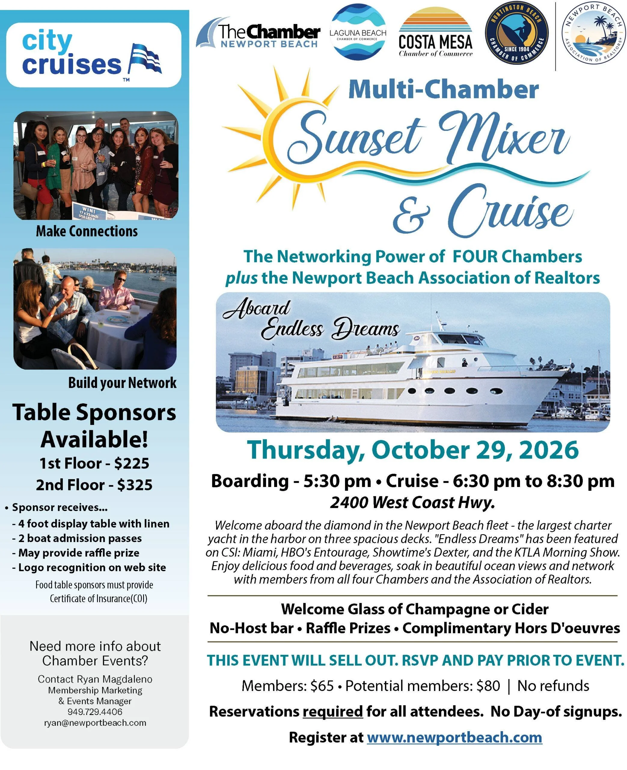 10/29 |
Newport Beach Chamber Multi-Chamber Sunset Mixer & Cruise |
Newport Beach, CA