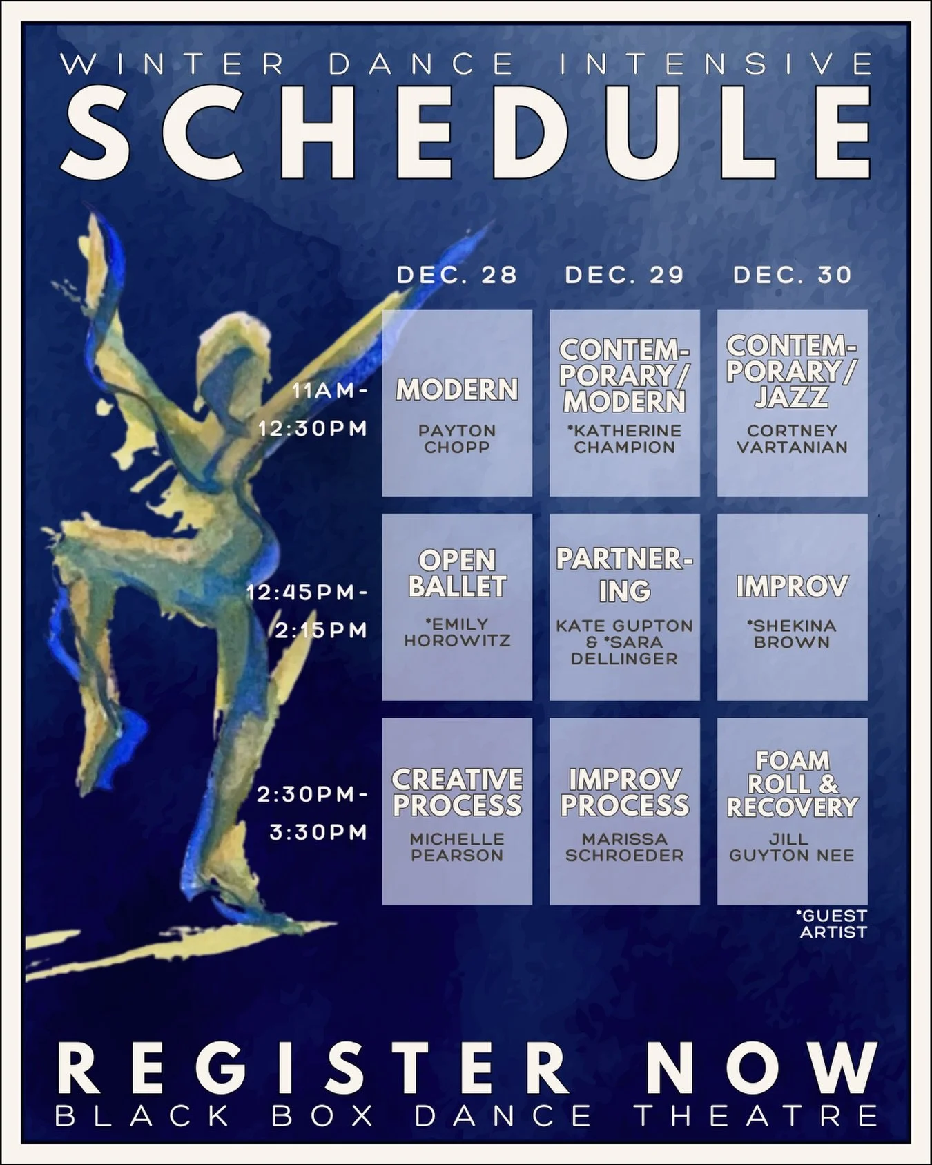 Our second annual Winter Dance Intensive is just over a week away ☃️

Three days of dance. Ten incredible teaching artists. Drop-in for your favorites, choose 5 classes and bundle, or sign up for a discounted full tuition rate. 

End your year with d