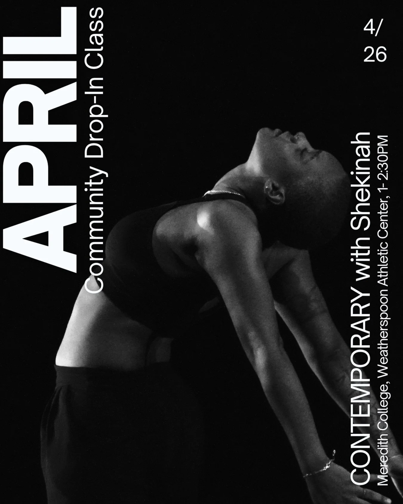 Don&rsquo;t tell me you seriously thought we weren&rsquo;t having class this month! 

Join us on Sunday, April 26th from 1-2:30PM at Weatherspoon Athletic Center (@meredithcollegedance) for our final Community Drop-In Class of the season. Guest Artis