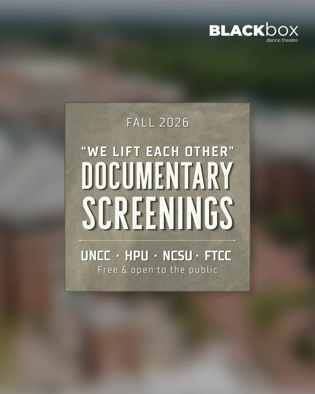 Yes, you heard that right! FOUR FREE DOCUMENTARY SCREENINGS of &ldquo;We Lift Each Other&rdquo; this Fall 🍁

Catch us at:

▪️UNC Charlotte on Oct. 7 from 2:30-4pm at Lab Theatre: Robinson Hall
▪️High Point Univeraity on Oct. 15 from 3:30-5:30pm at H