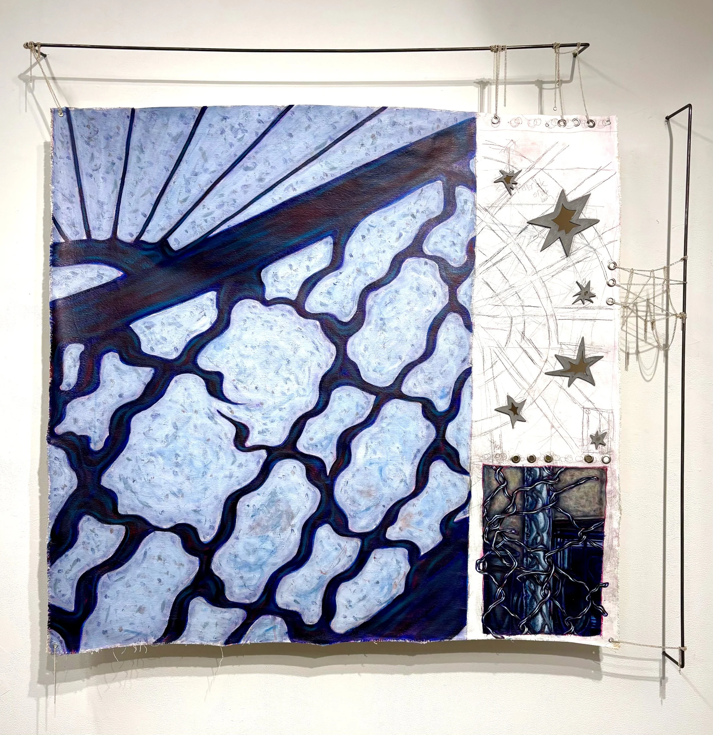   11 ways of looking at a border   dimensions variable  untretched canvas, acrylic painting, cast aluminum, steel rods, grommets, charcoal, and jewelry chains 