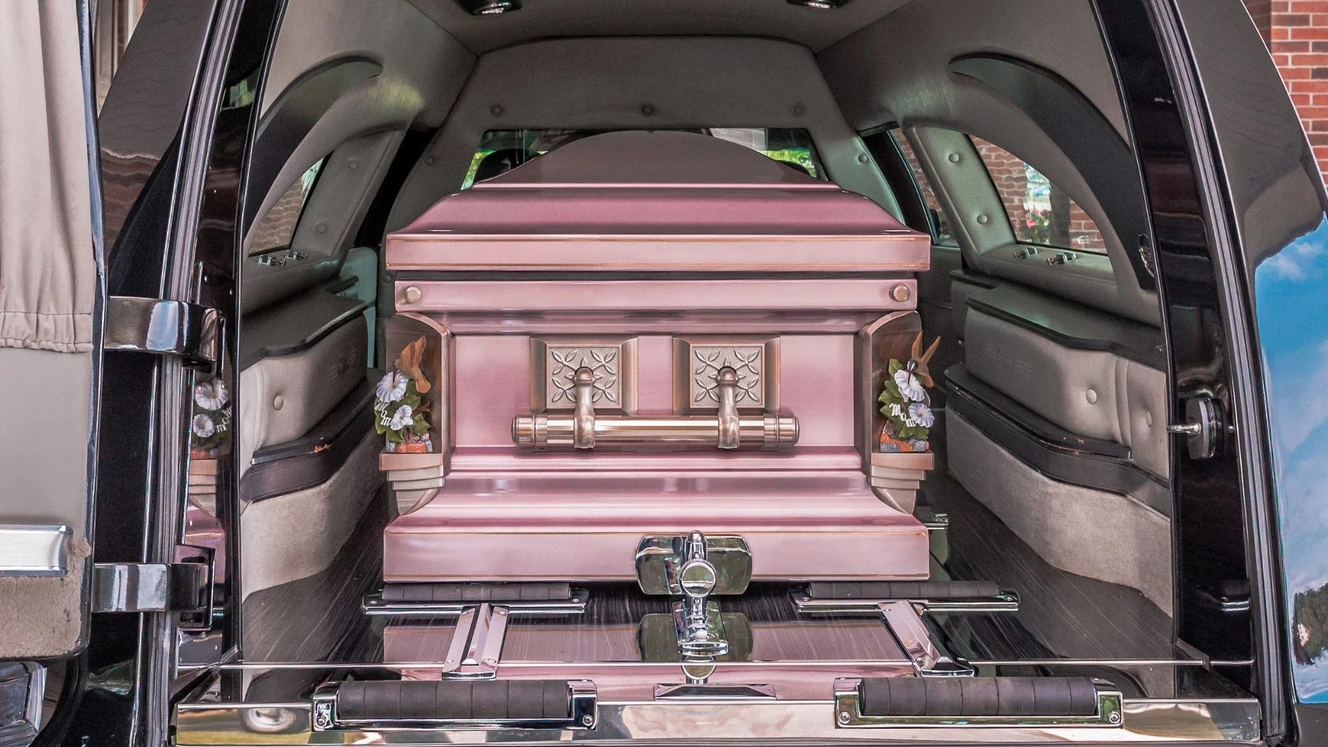 Rear interior of a hearse showing the funeral vehicle floor area