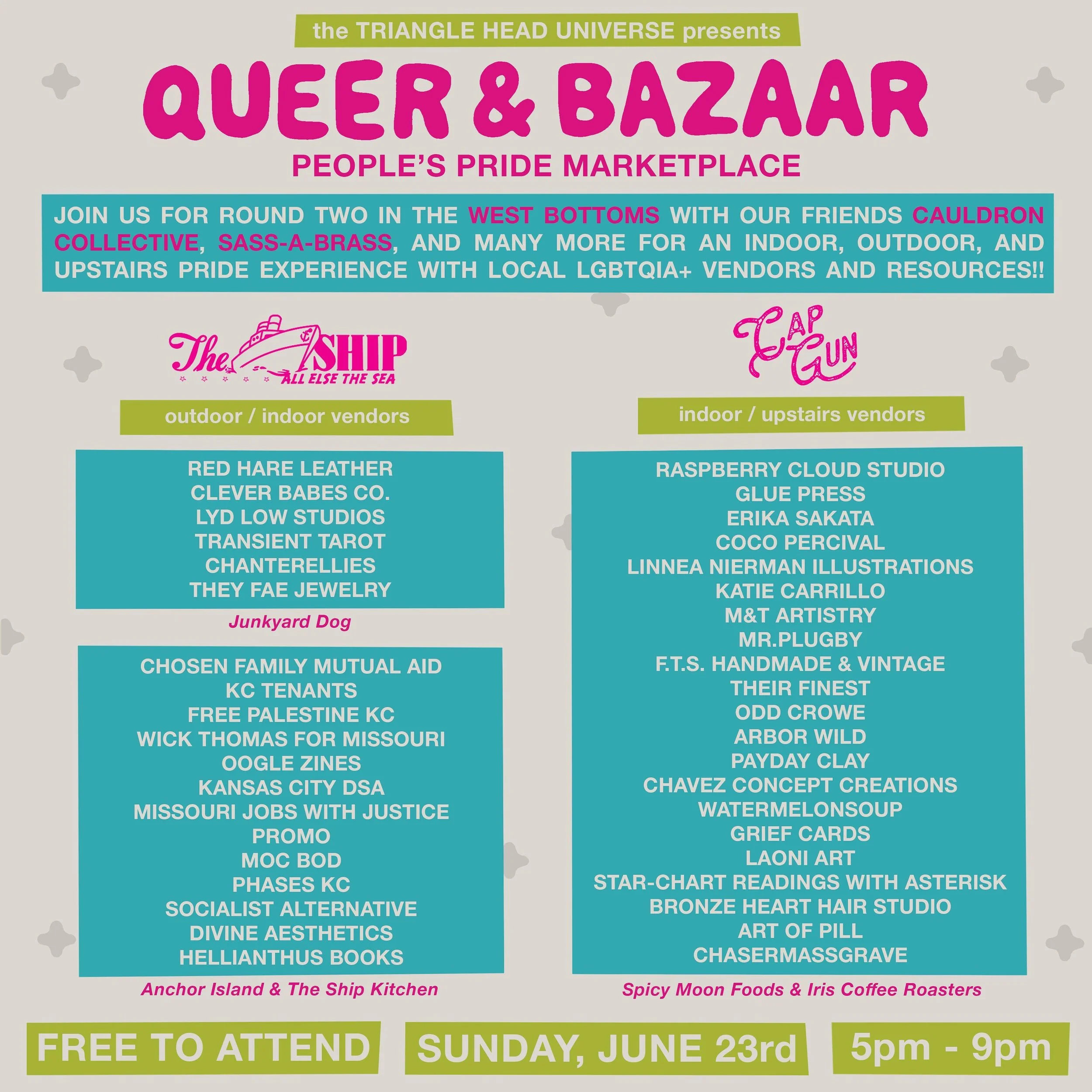 Are you sick and tired of rainbow capitalism, horribly designed pride gear, and mediocre corporate allyship? WELL LOOK NO FURTHER!! Come visit us at The Ship (@theshipkc) and Cap Gun Studios (@capgunstudioskc) from 5pm - 9pm for QUEER &amp; BAZZAR: P