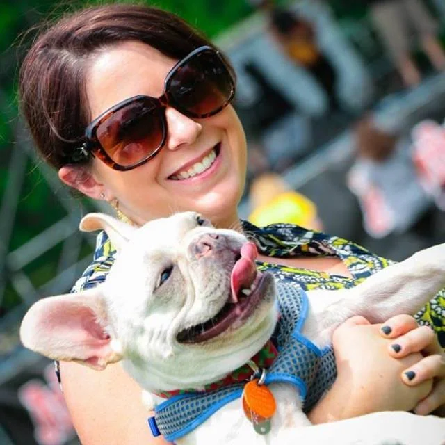 Amy and her beloved Frenchie, Stanley at the Wilmington Flower Market.