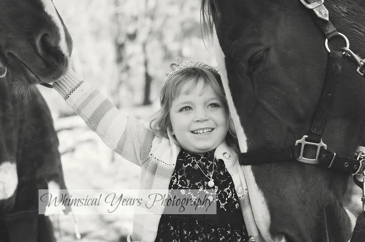 little girl standing between two big horses
