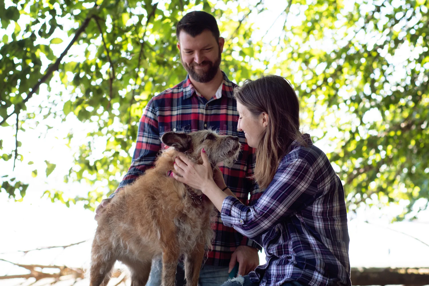 Young couple with their aging dog