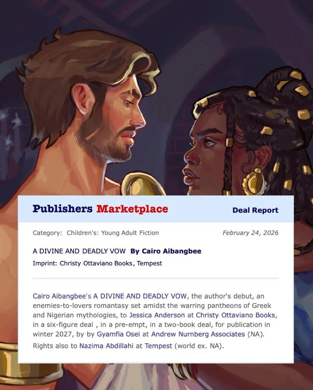 Thrilled and delighted that my debut book, A Divine and Deadly Vow, will not only publish in the UK but in the US as well. Literally what dreams are made of. 😭💖

Finally able to share this artwork I commissioned by the talented @abliskindofanartist